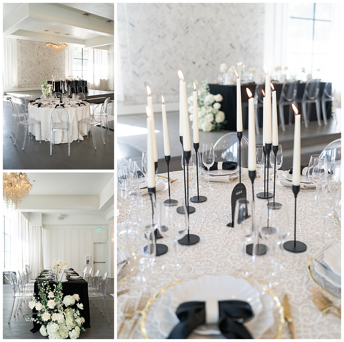 Black and white wedding reception decor by Peach Orchard Wedding Photographer