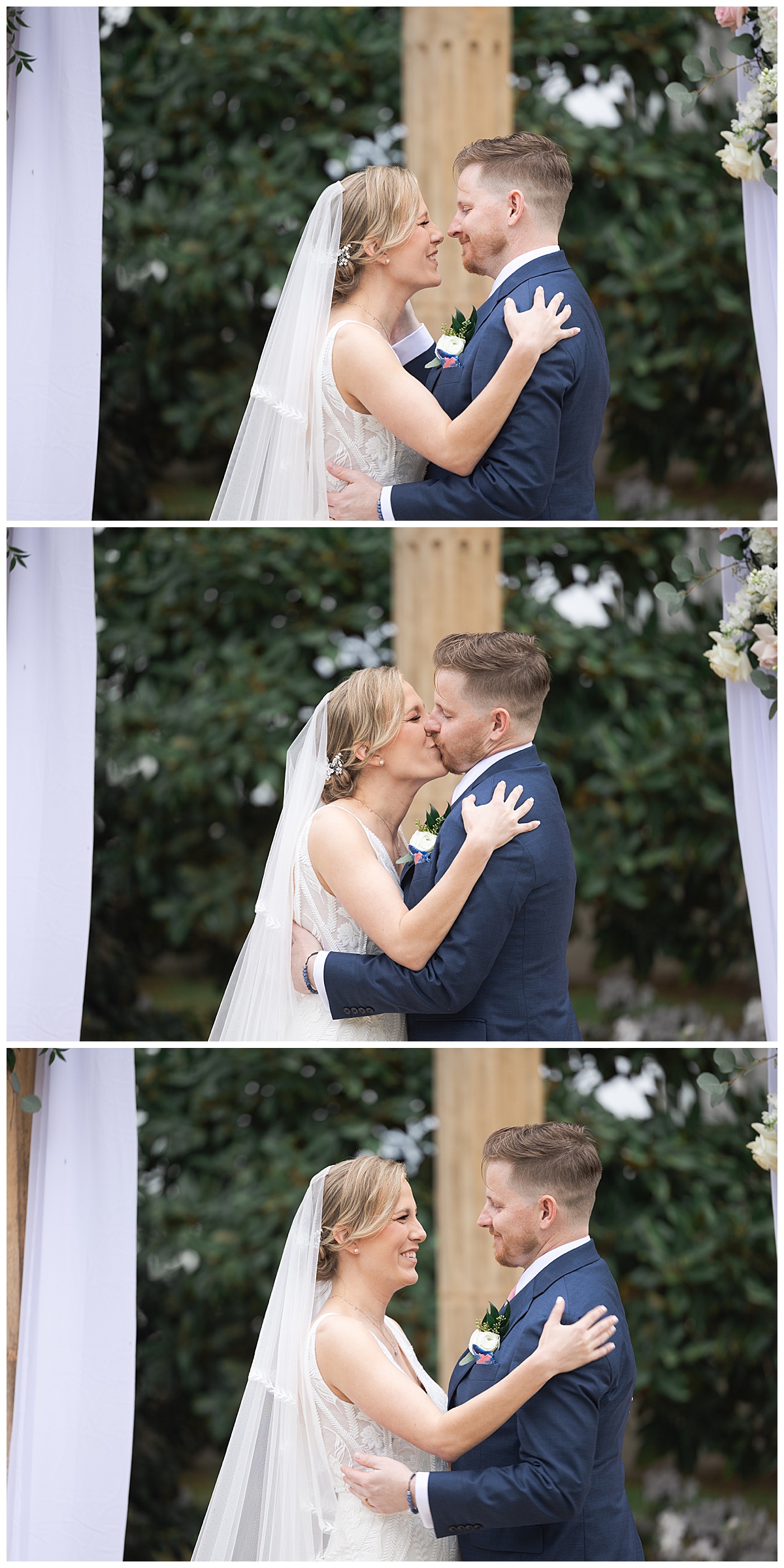 Couple share their first kiss for Bentwater Yacht Club Wedding 