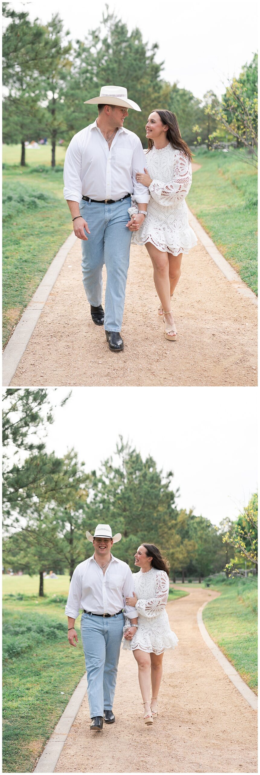 Couple walk together for Eleanor Tinsley Park Engagement Session