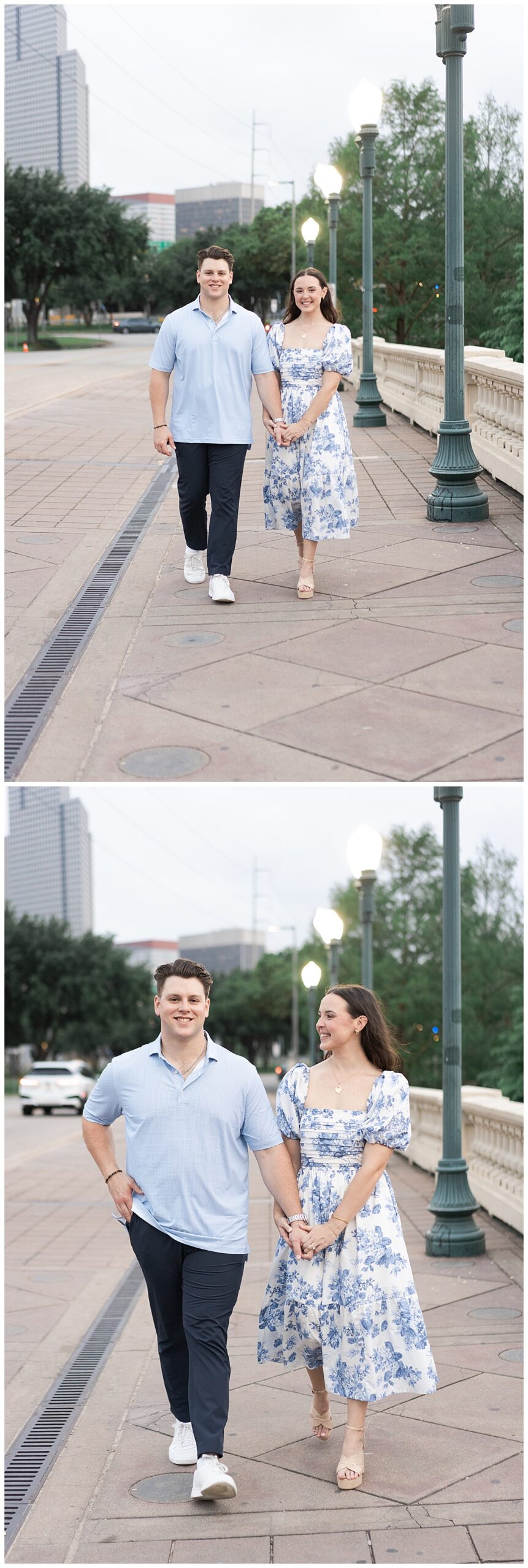 Couple walk down the street together during Eleanor Tinsley Park Engagement Session