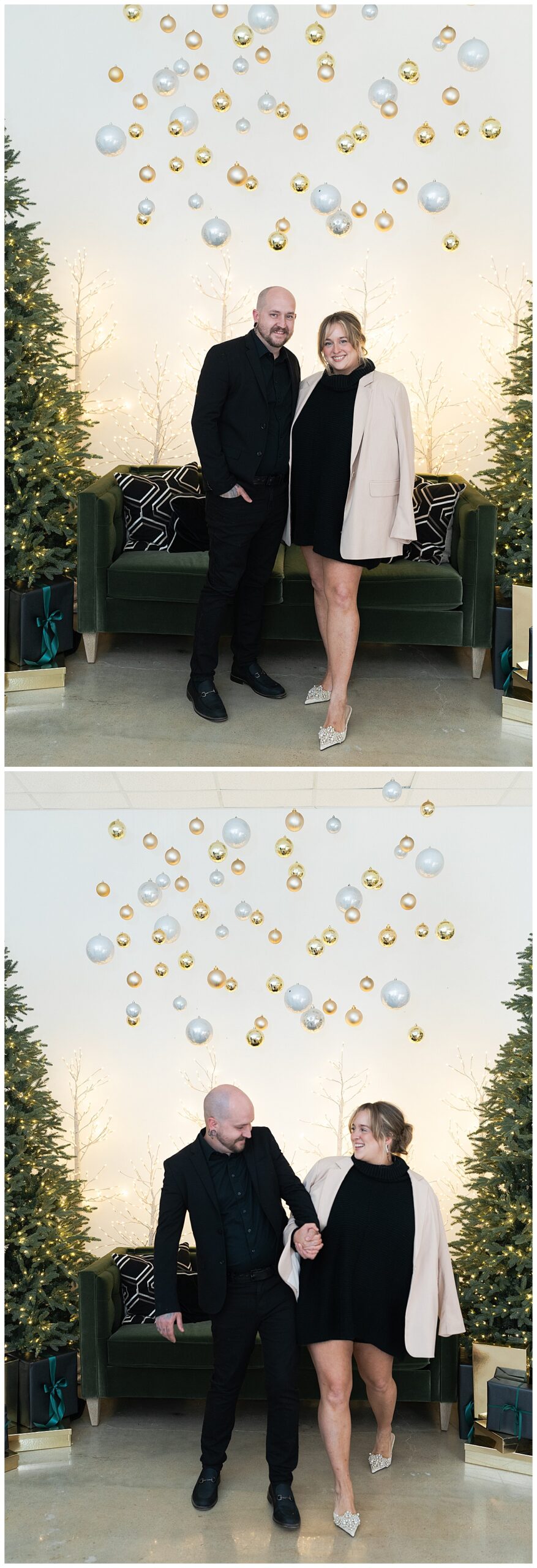 Couple stand together during Christmas Minis In Houston