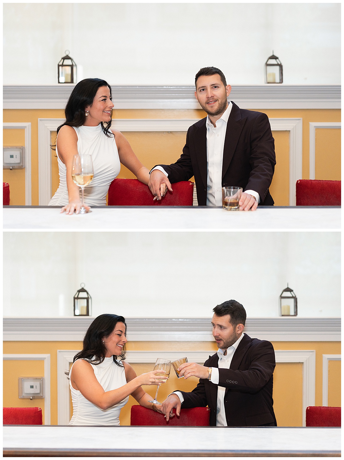 Two people sit together during their Hotel Icon Engagement Session