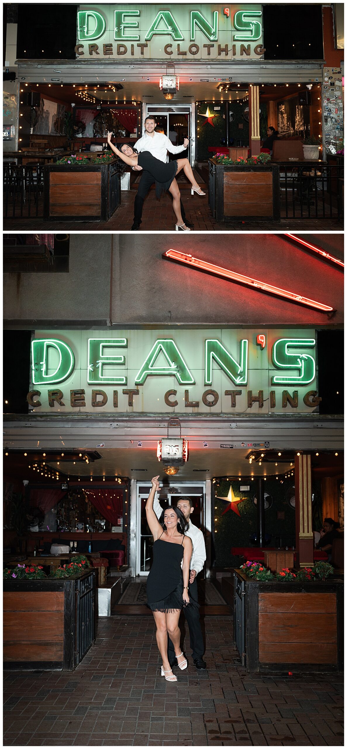 Couple stand together celebrating after their Hotel Icon Engagement Session