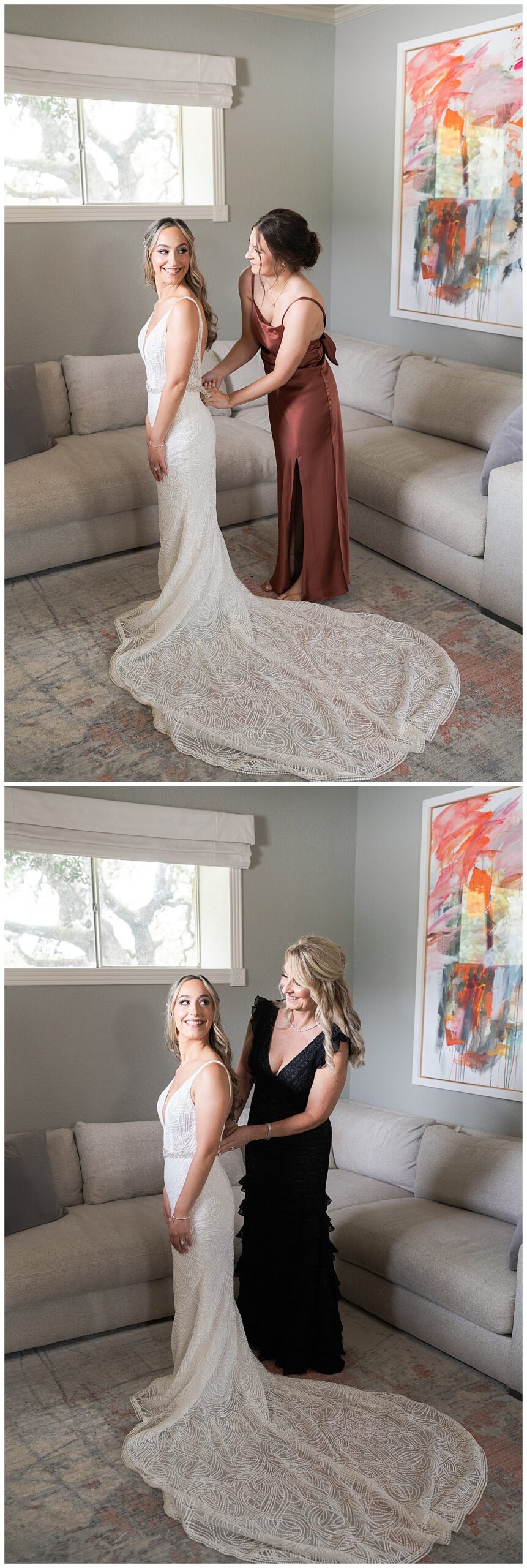 Bride gets into bridal gown during Stonehouse Villa Wedding