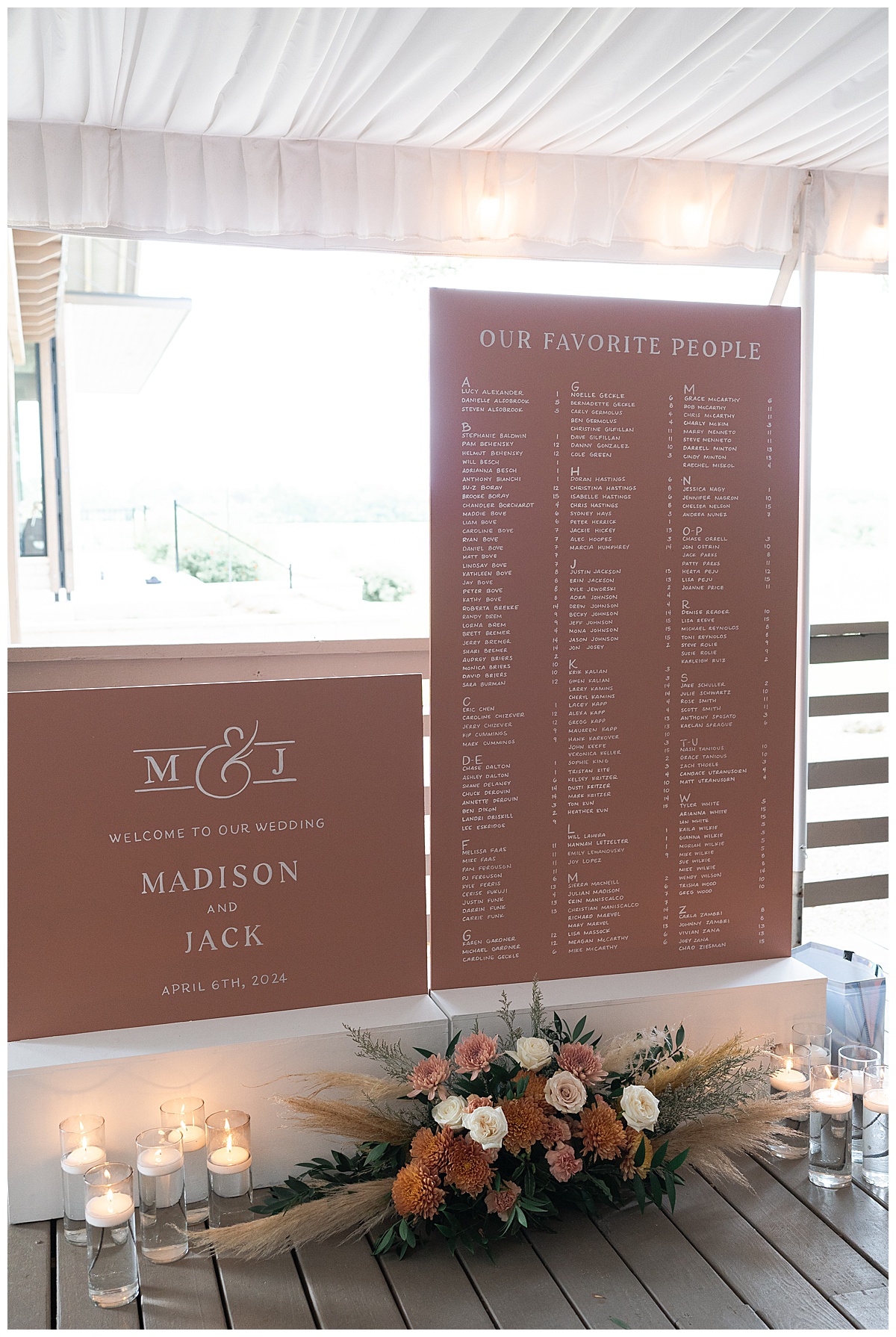 Wedding seating chart for Stonehouse Villa Wedding