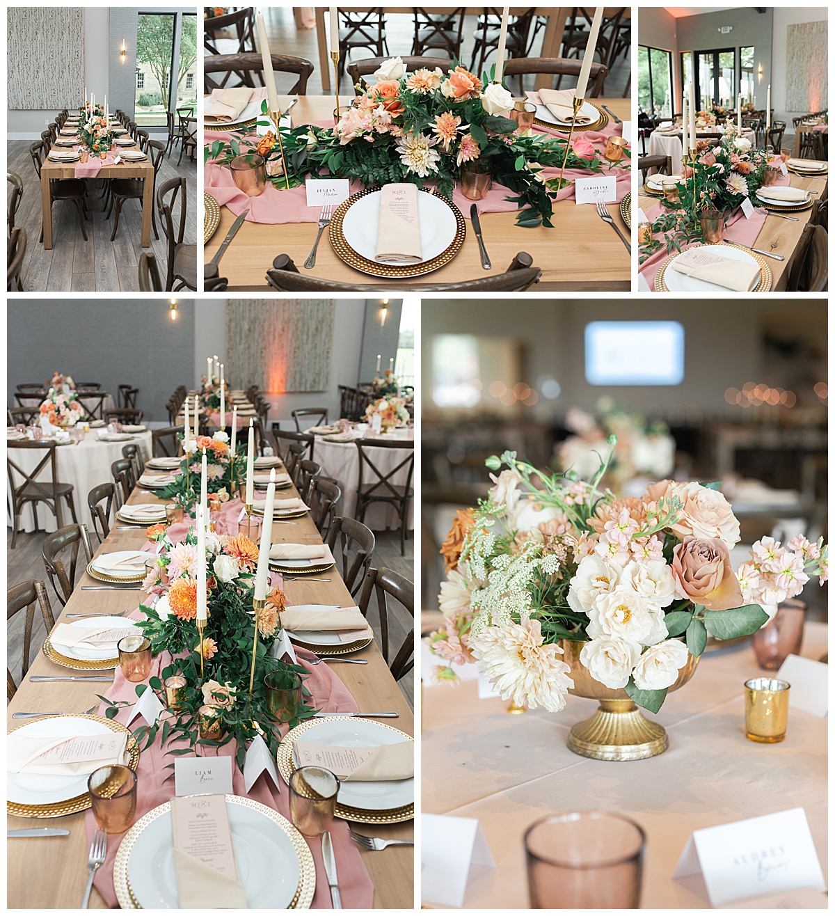 Reception table setting sand floral installations for Swish & Click Photography