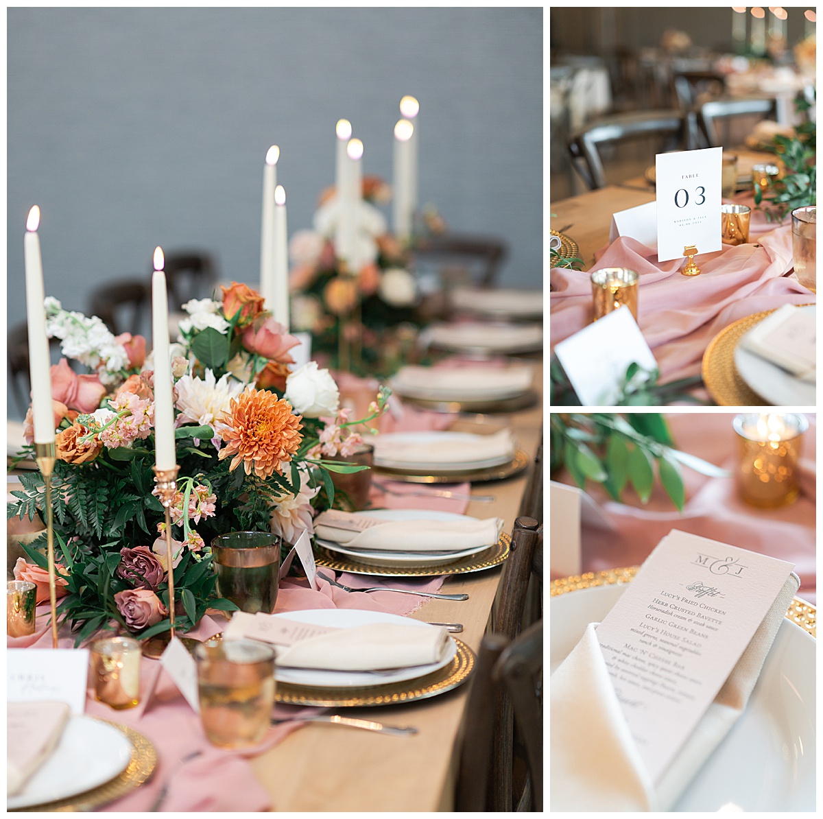 Reception table decor for a Stonehouse Villa Wedding