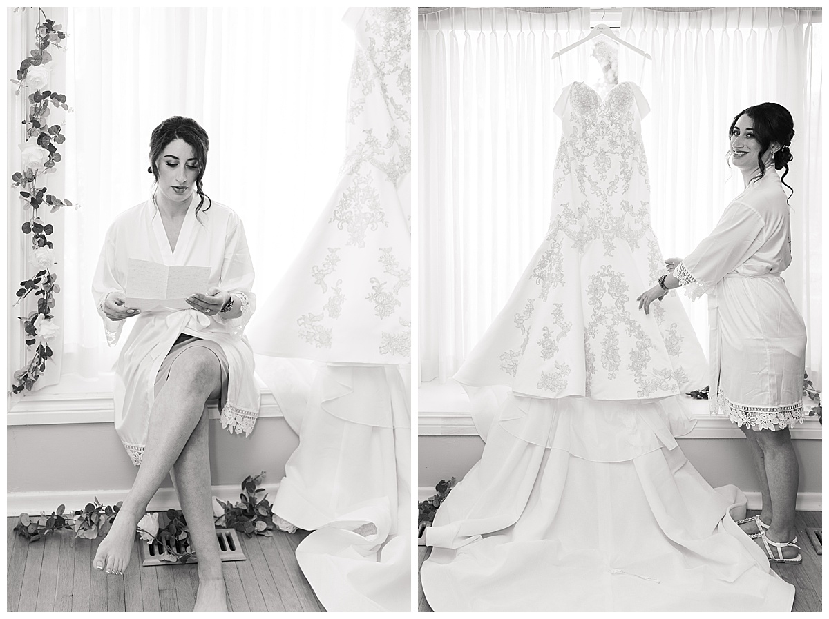 Bride stands next to bridal gown for Toronto Wedding Photographer