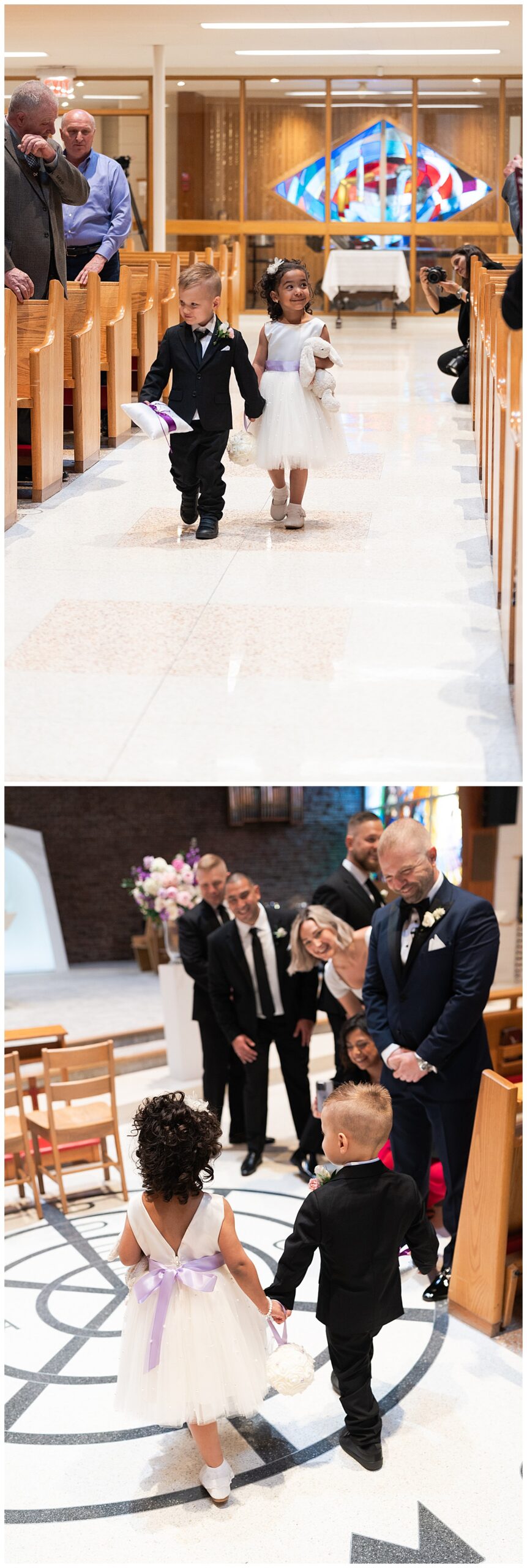 Ring bearer and flower girl walk down the aisle for Toronto Wedding Photographer