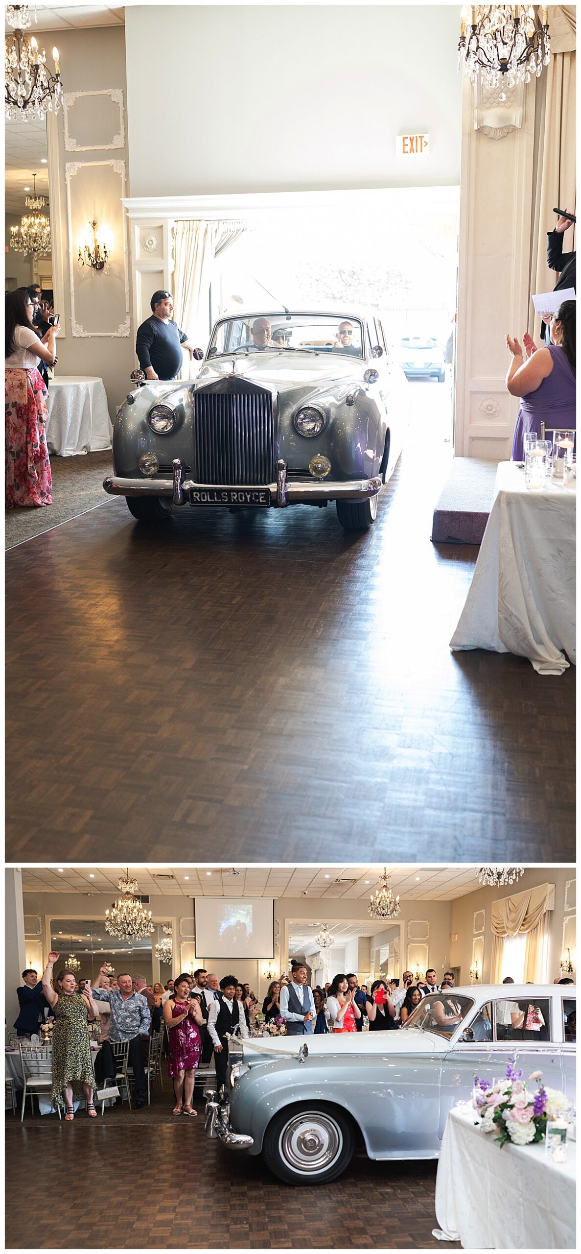 Couple enter reception in a luxury car for Toronto Wedding Photographer