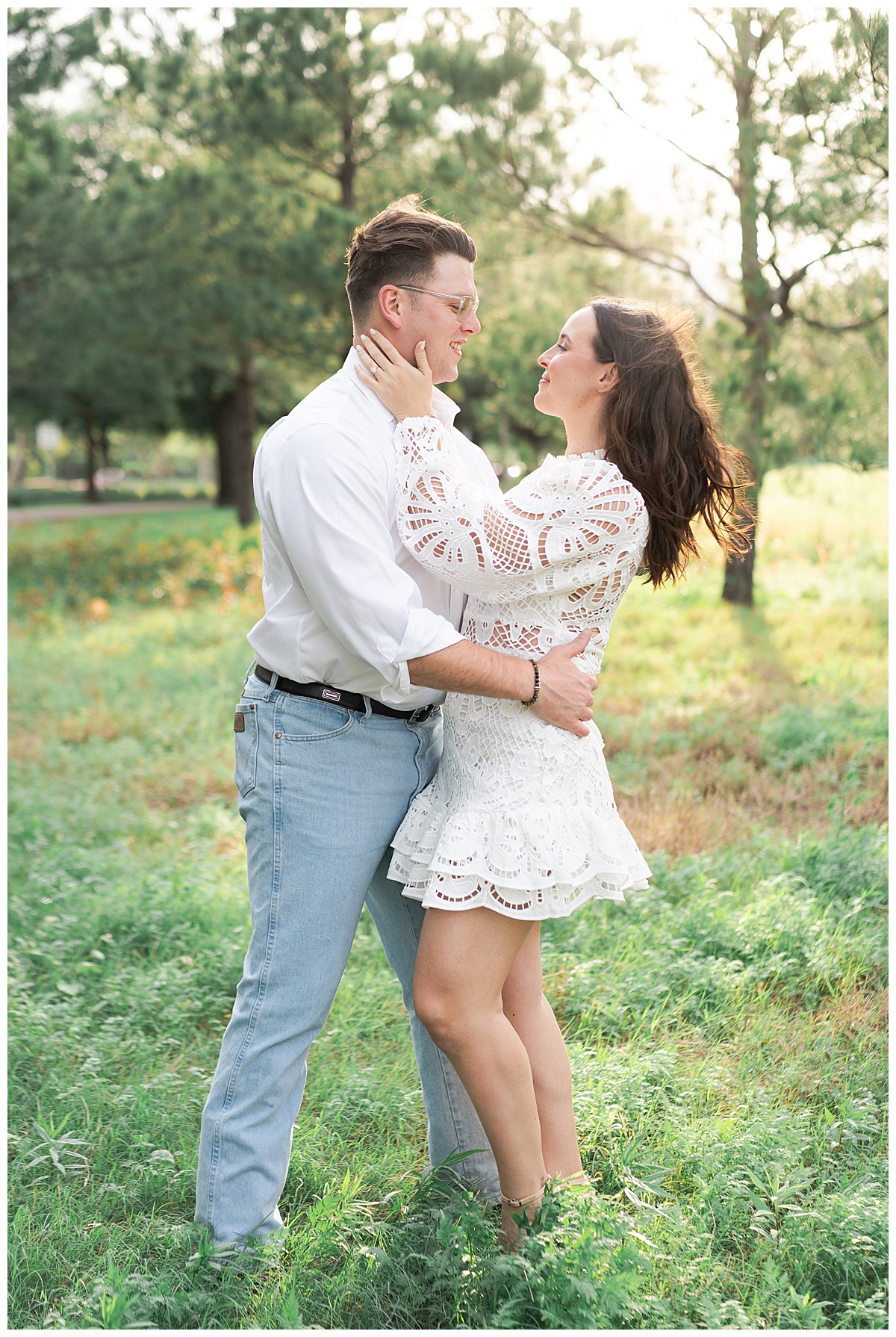 Couple hold each other close showing one of the Best Engagement Photo Locations in Houston