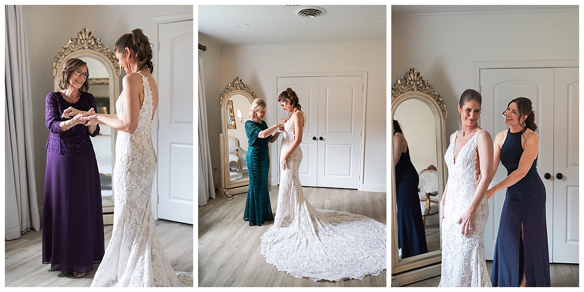 Bride gets into wedding gown by Swish & Click Photography