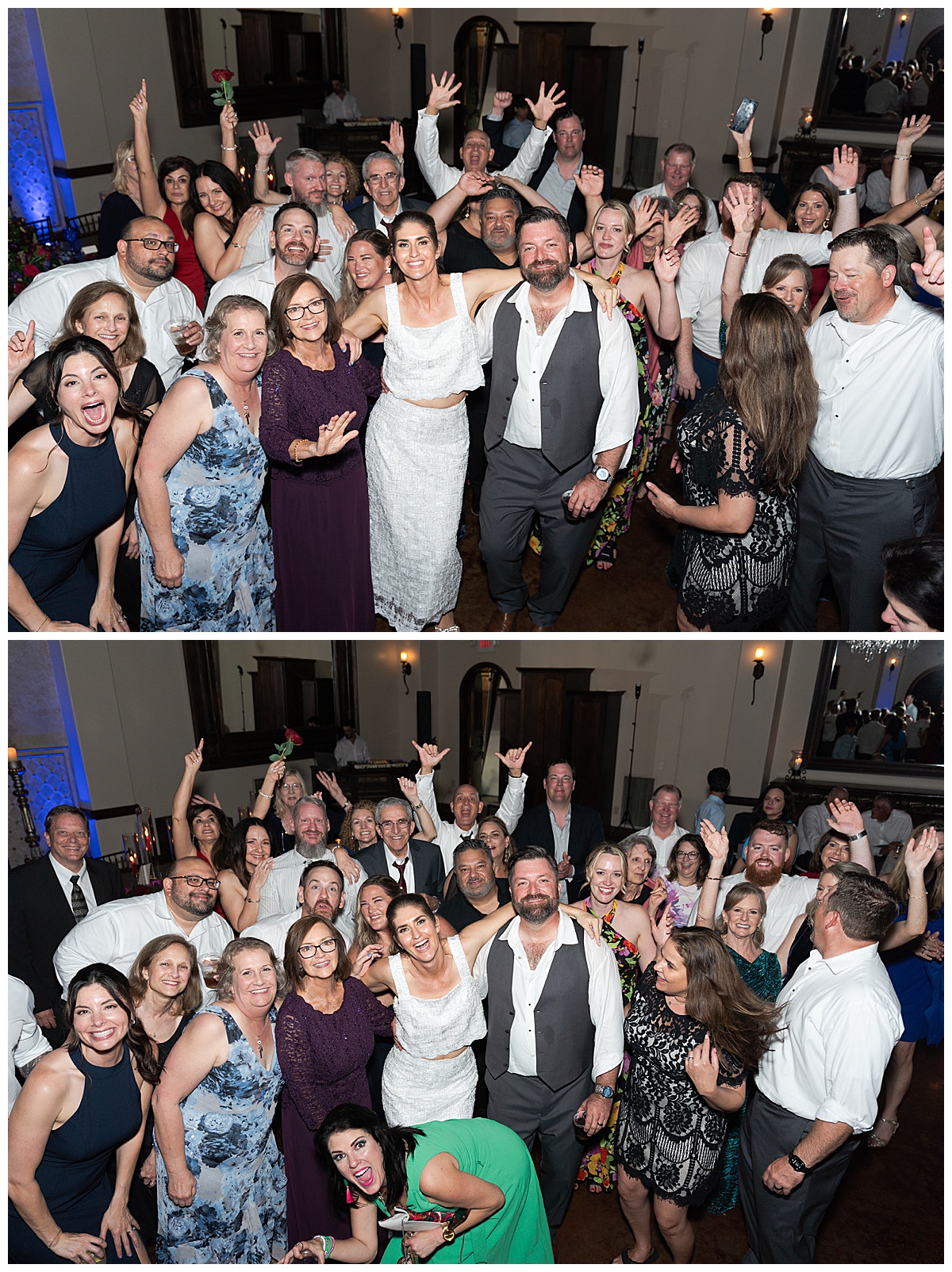 Family and friends celebrate with happy couple by Madera Estates Wedding Photographer