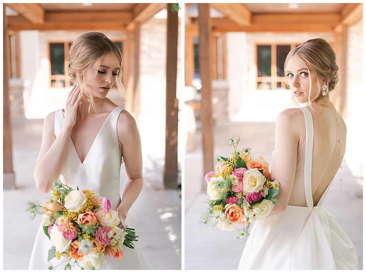 Bride holds bouquet and poses for Swish & Click Photography