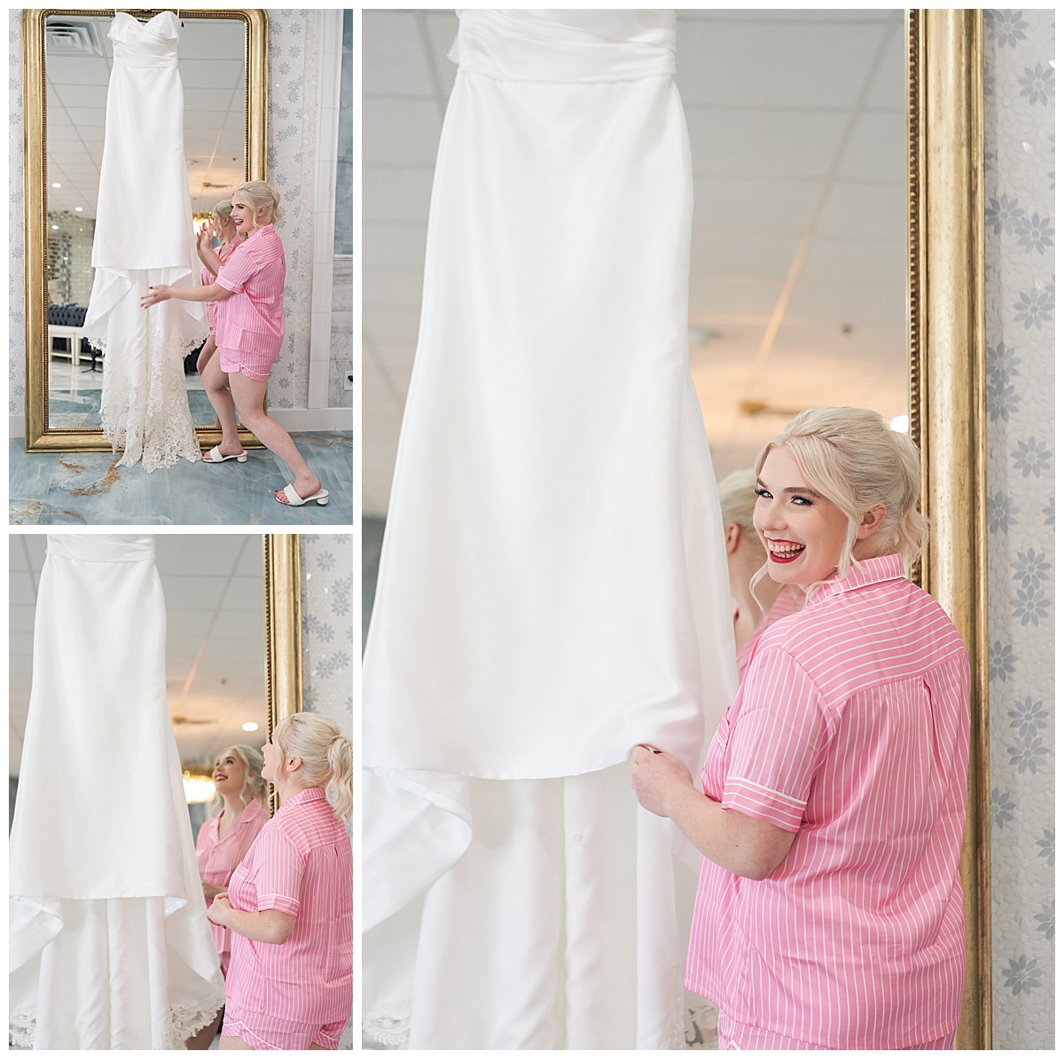 Bride admires wedding gown by Modern Houston Wedding Photographer