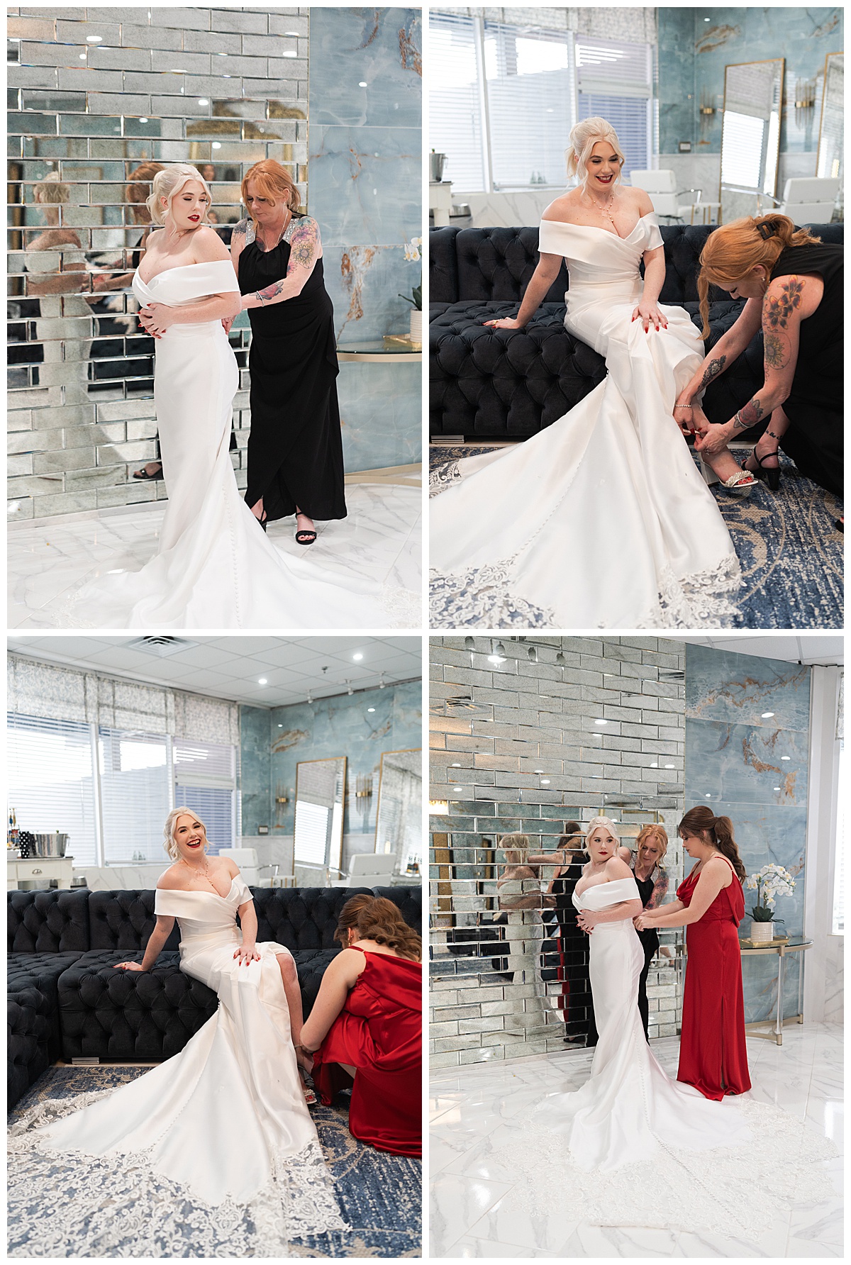 Bride gets into wedding dress by Swish & Click Photography