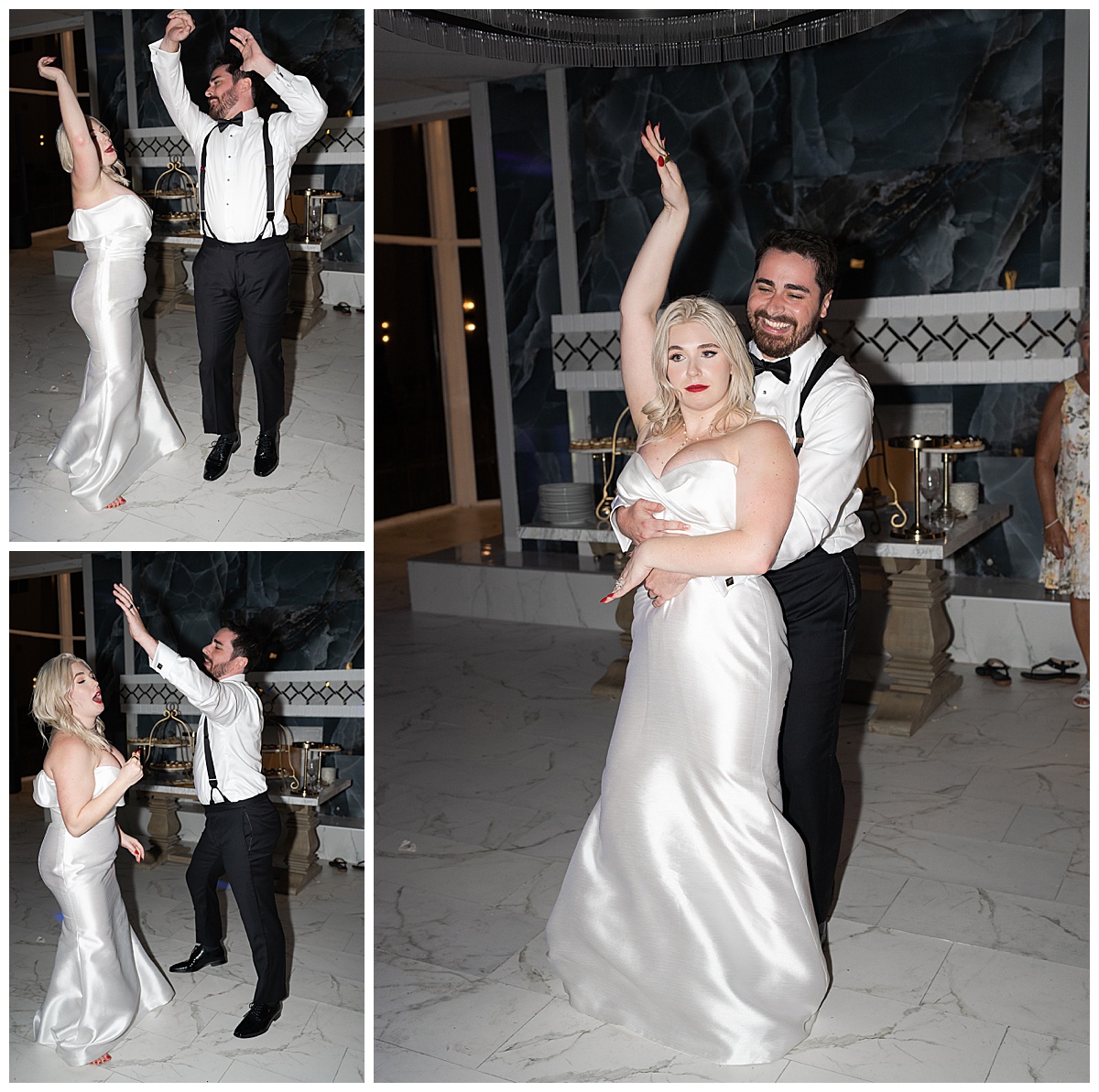 Bride and groom dance together by Swish & Click Photography