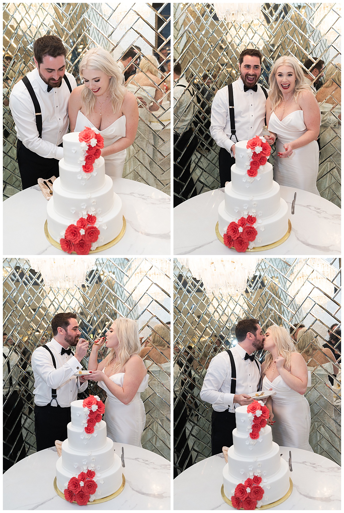 Husband and wife share a piece of cake by Modern Houston Wedding Photographer