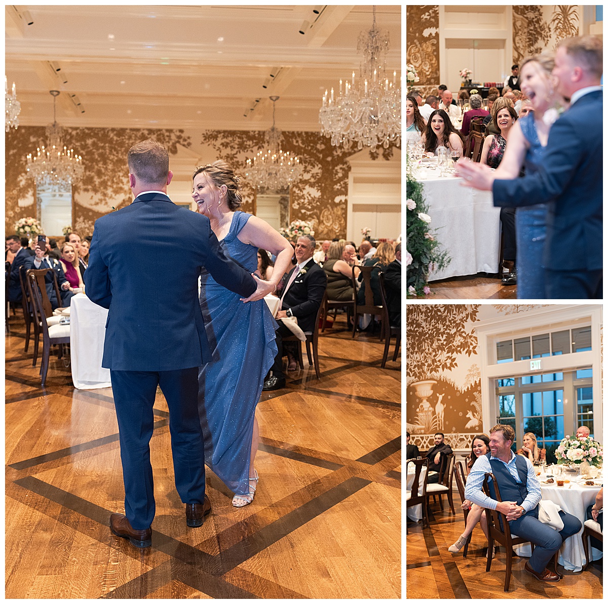 Mother of the groom share their dance at the wedding reception while the bride and friends look on captured by Swish and Click Photography.