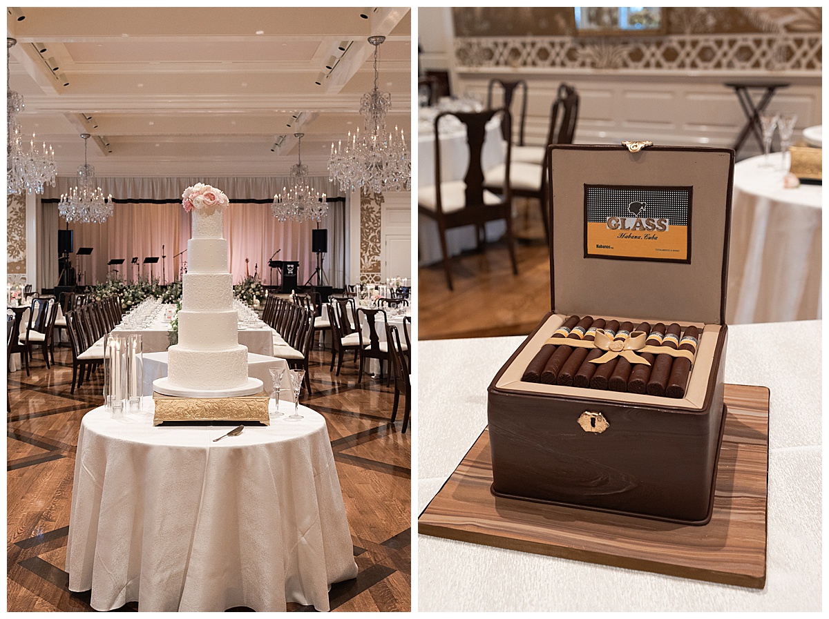 Tiered wedding cake with pink flower topper and grooms cake decorated as a cigar box photographed by Swish & Click Photography