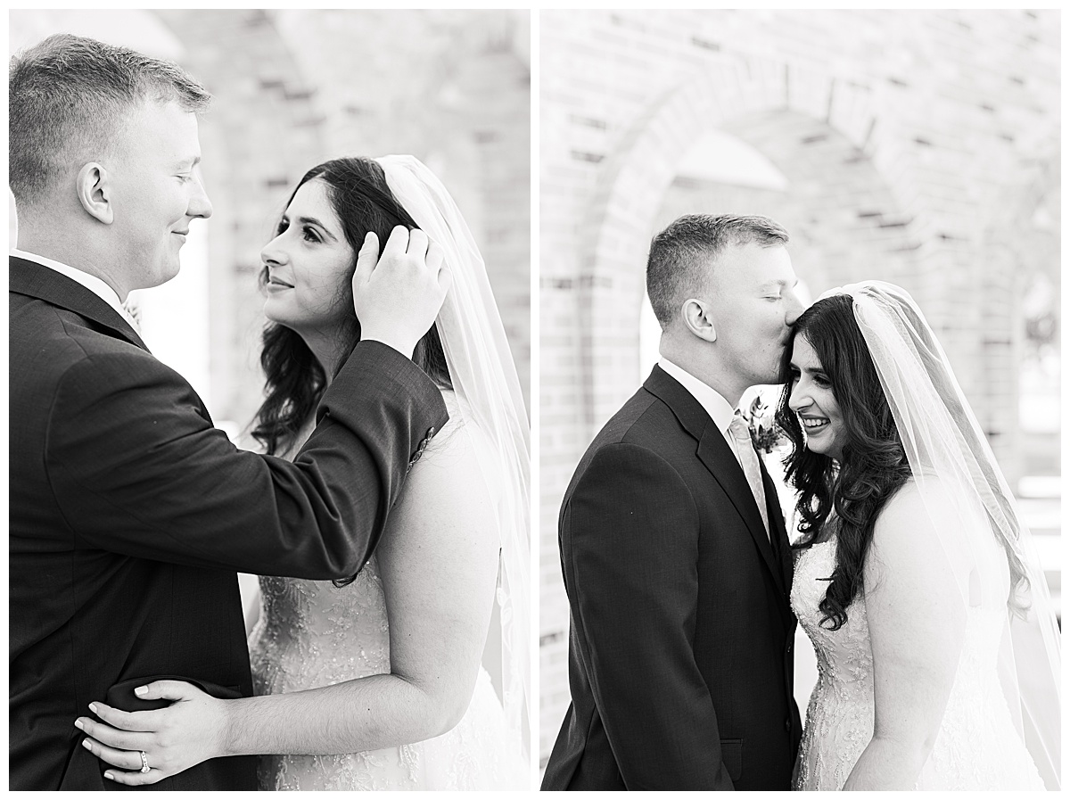 Sweet moment of the bride and groom captured photographed by Swish & Click Photography in black and white.