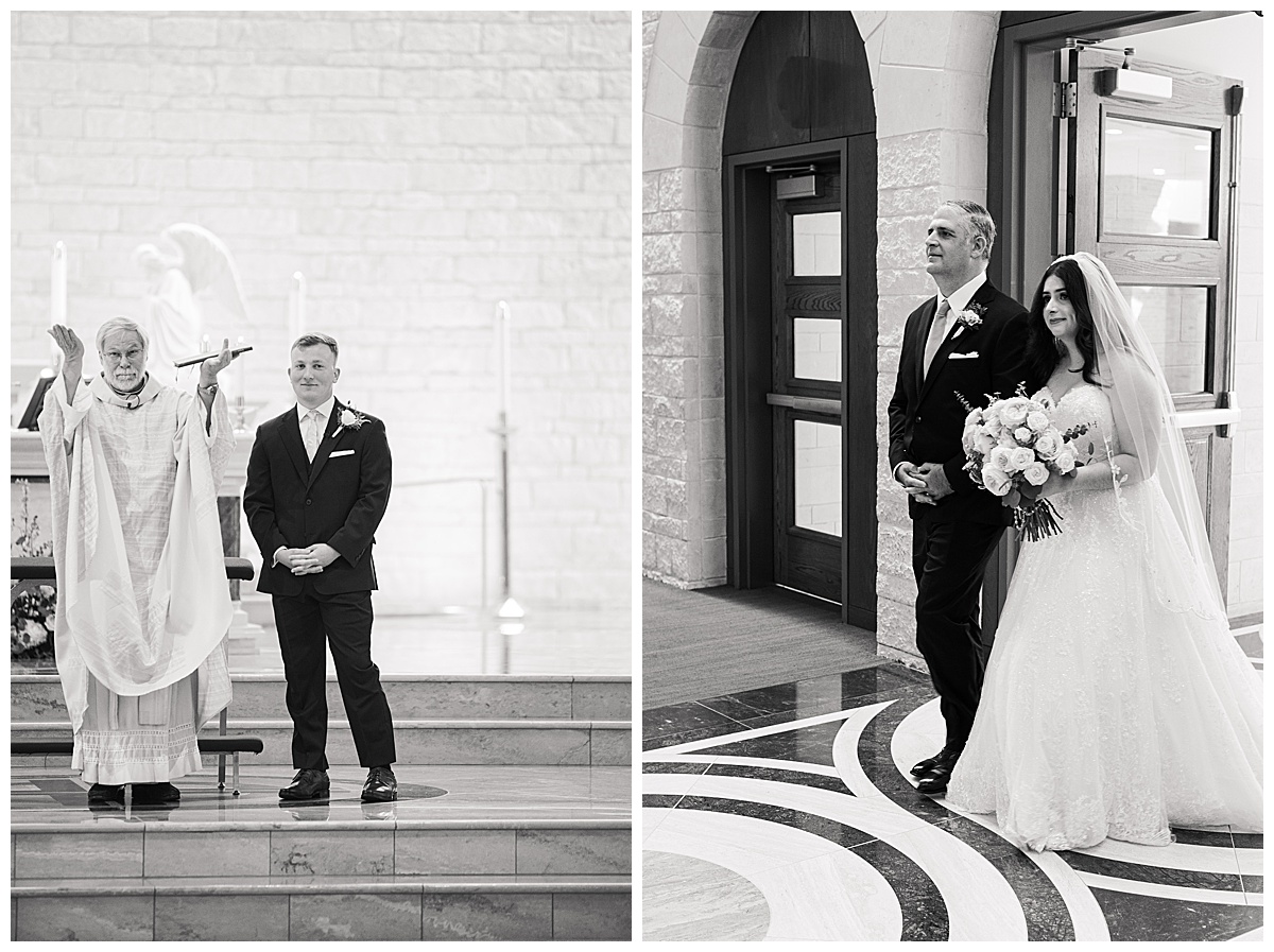 Bride entering church for wedding in black and white photographed by Swish & Click Photography