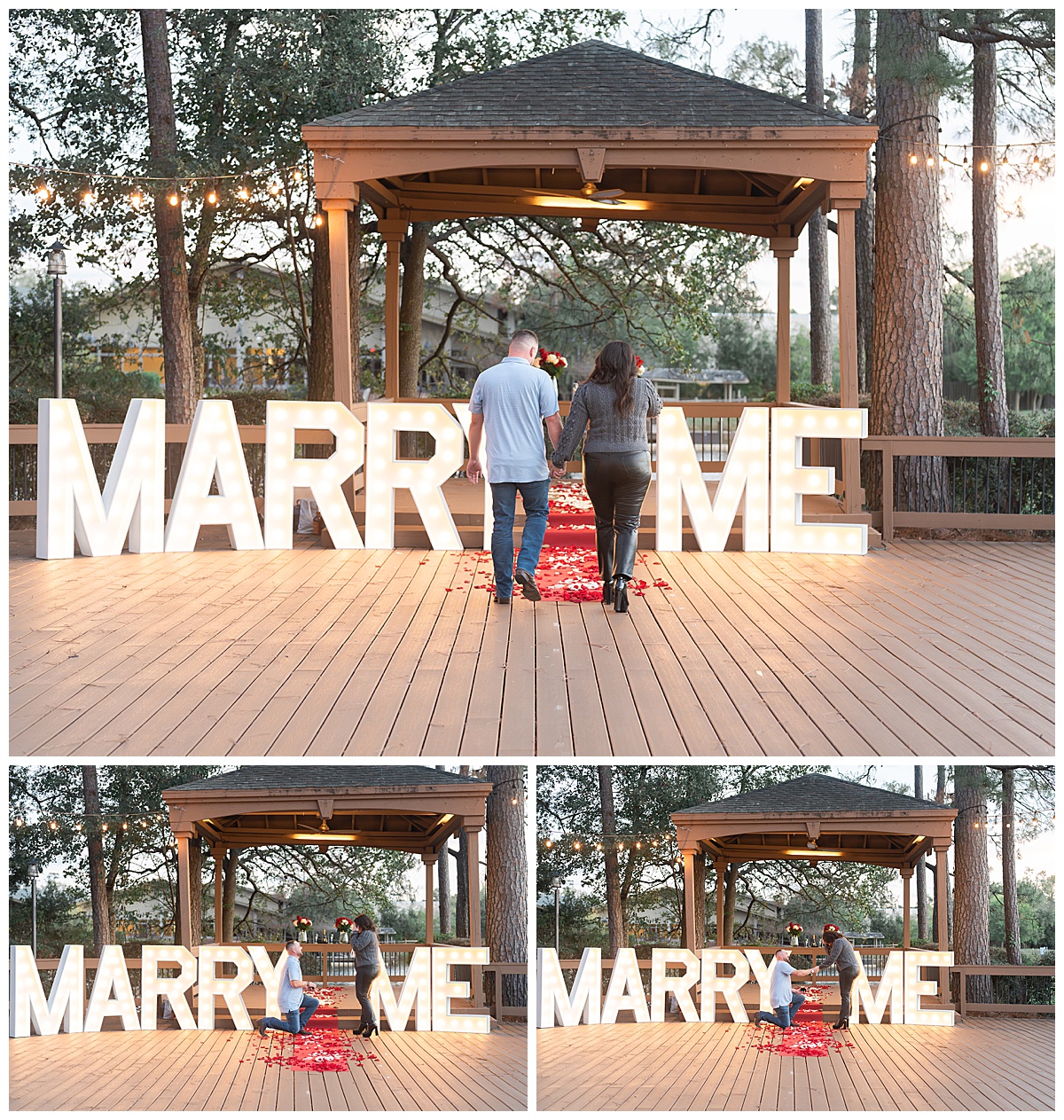 The suspens of the wedding proposal takes place as the couple approaches the letters reading "Marry Me"