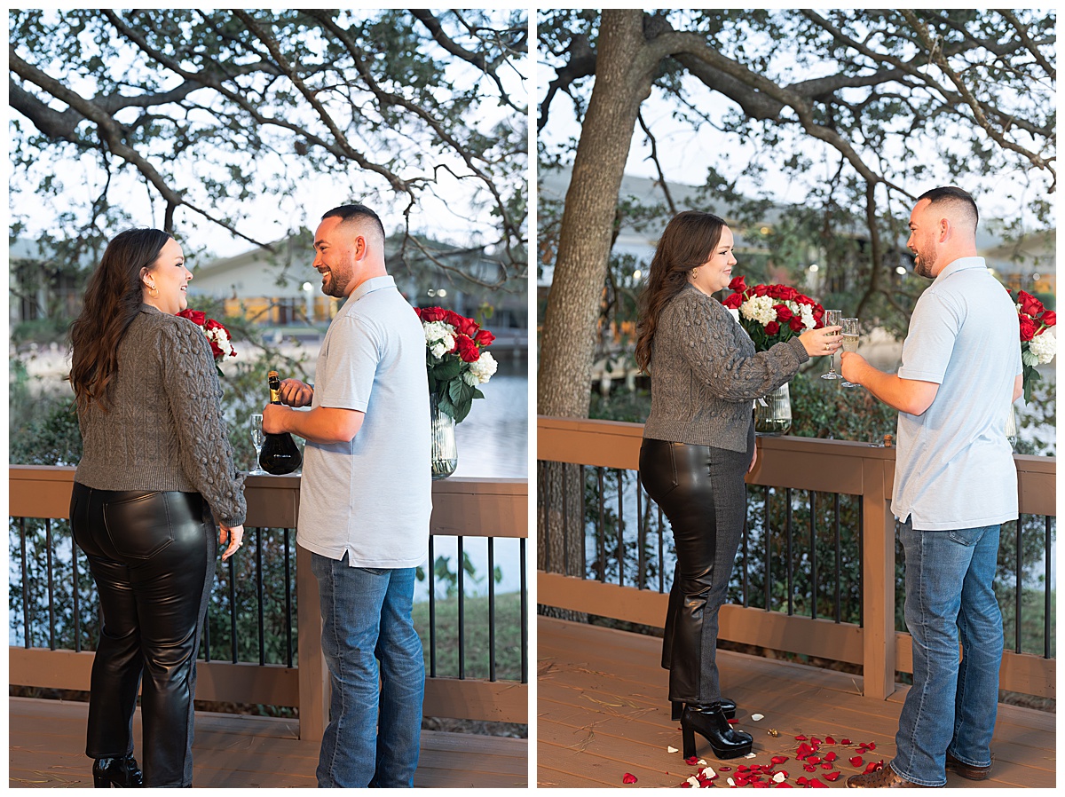 engaged couple getting ready to toast to their winter Houston marriage proposal