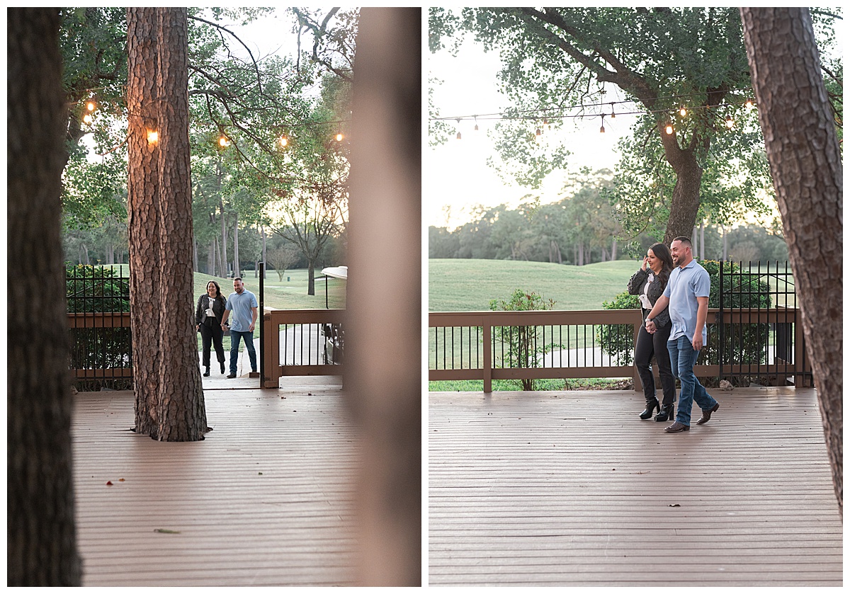 A boyfriend guides his girlfriend to a special space to propose.