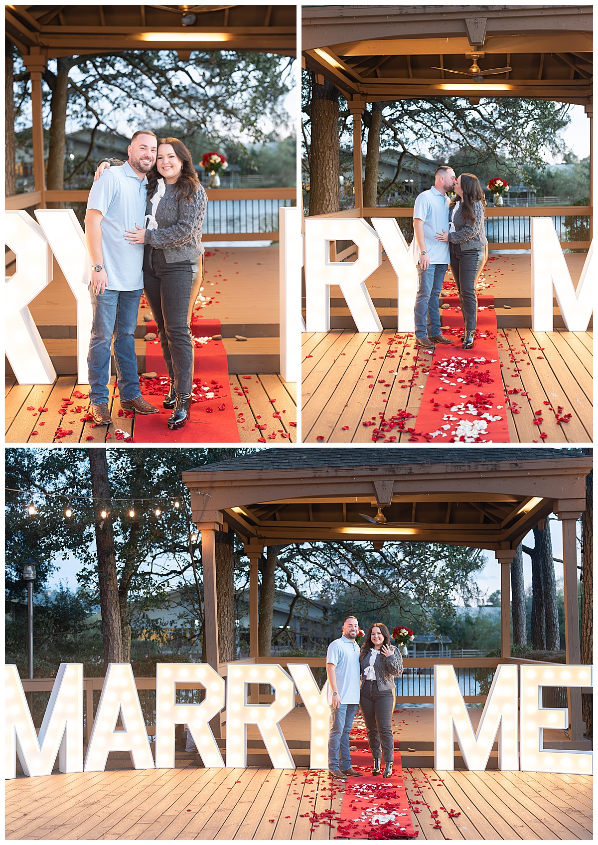 Engaged couple posing for pictures after their winter Houston marriage proposal
