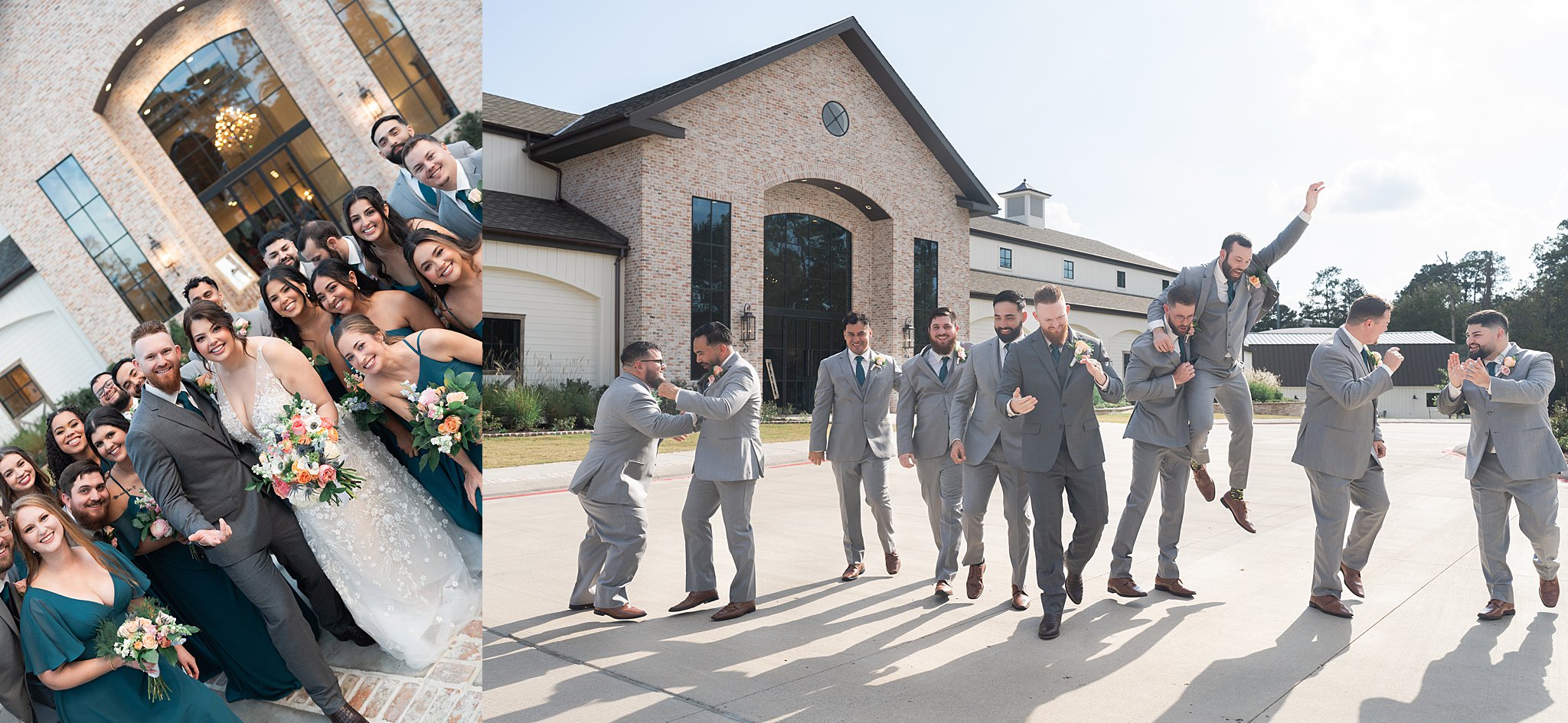 wedding party cheers outside the wedding venue the Blue Magnolia in Houston Texas