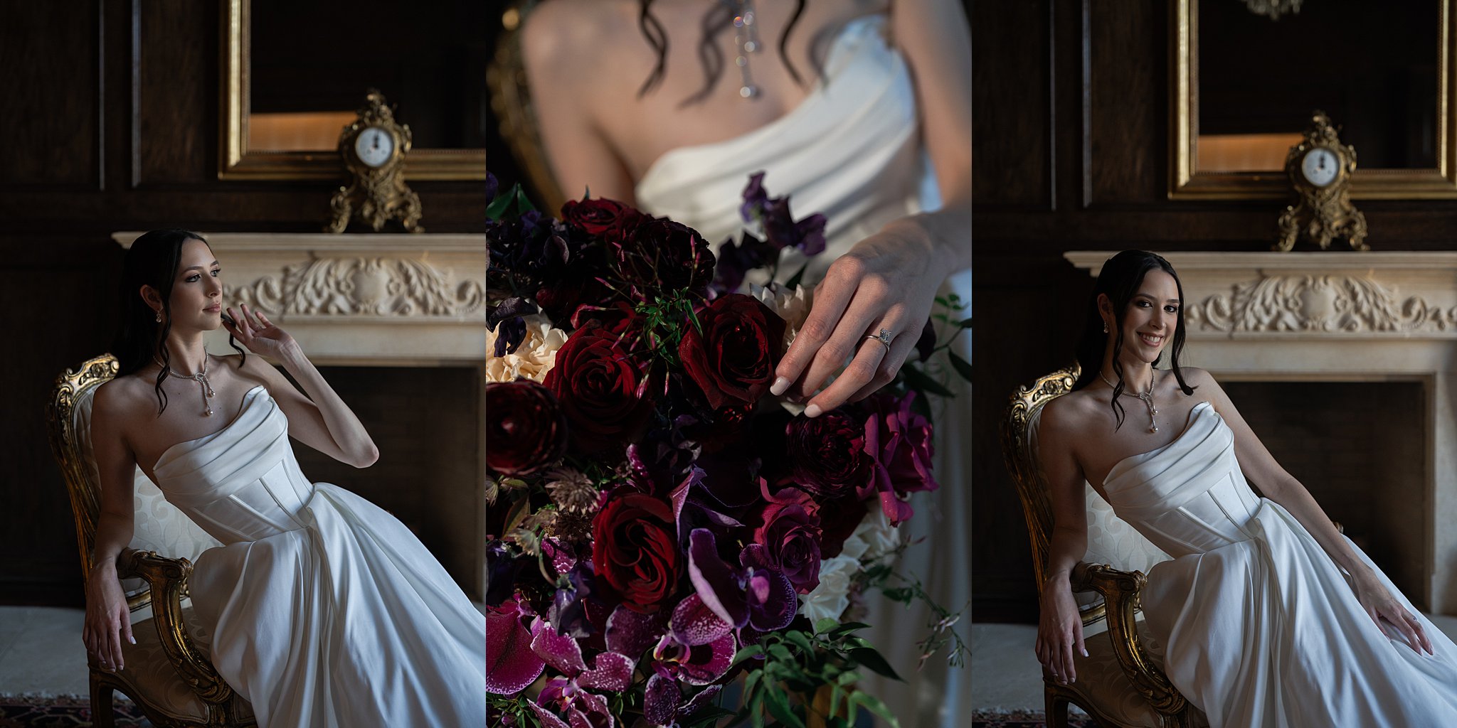 at her bridal session at Chateau Nouvelle a bride poses on a chair