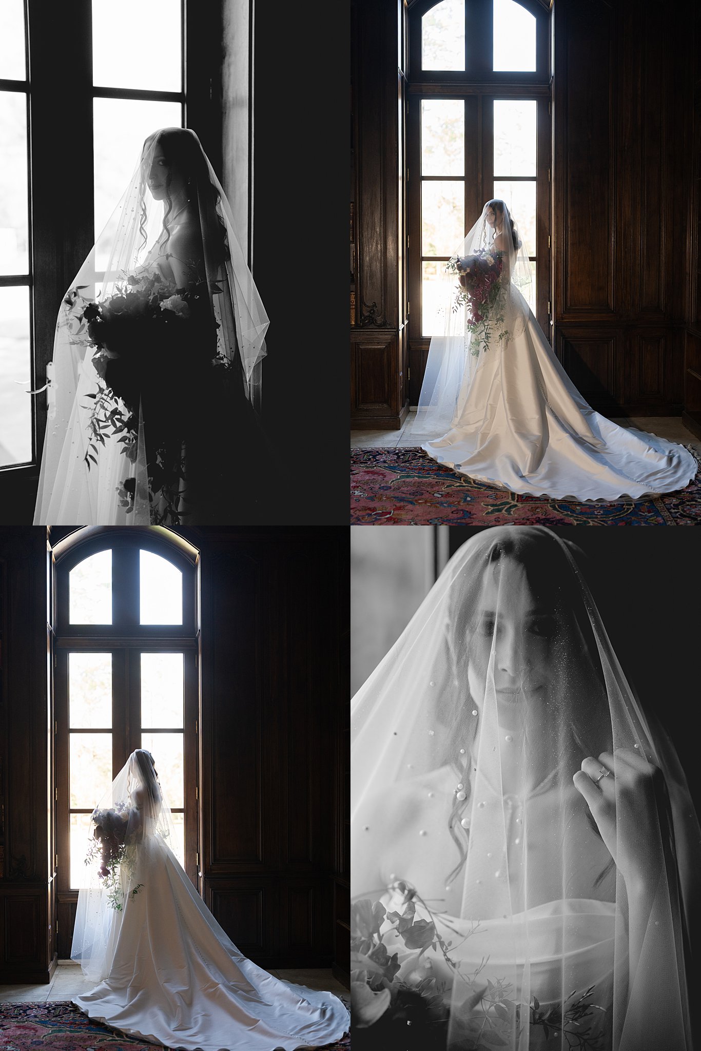 at her bridal session at Chateau Nouvelle a bride looks out from under her blusher veil for Swish and Click Photography