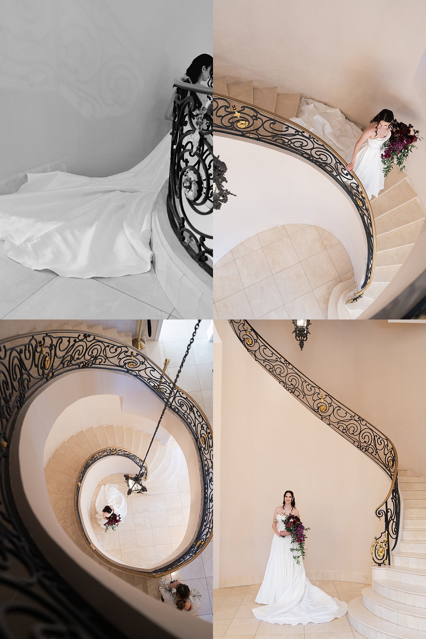 bride plays on the staircase at Chateau Nouvelle during her bridal session