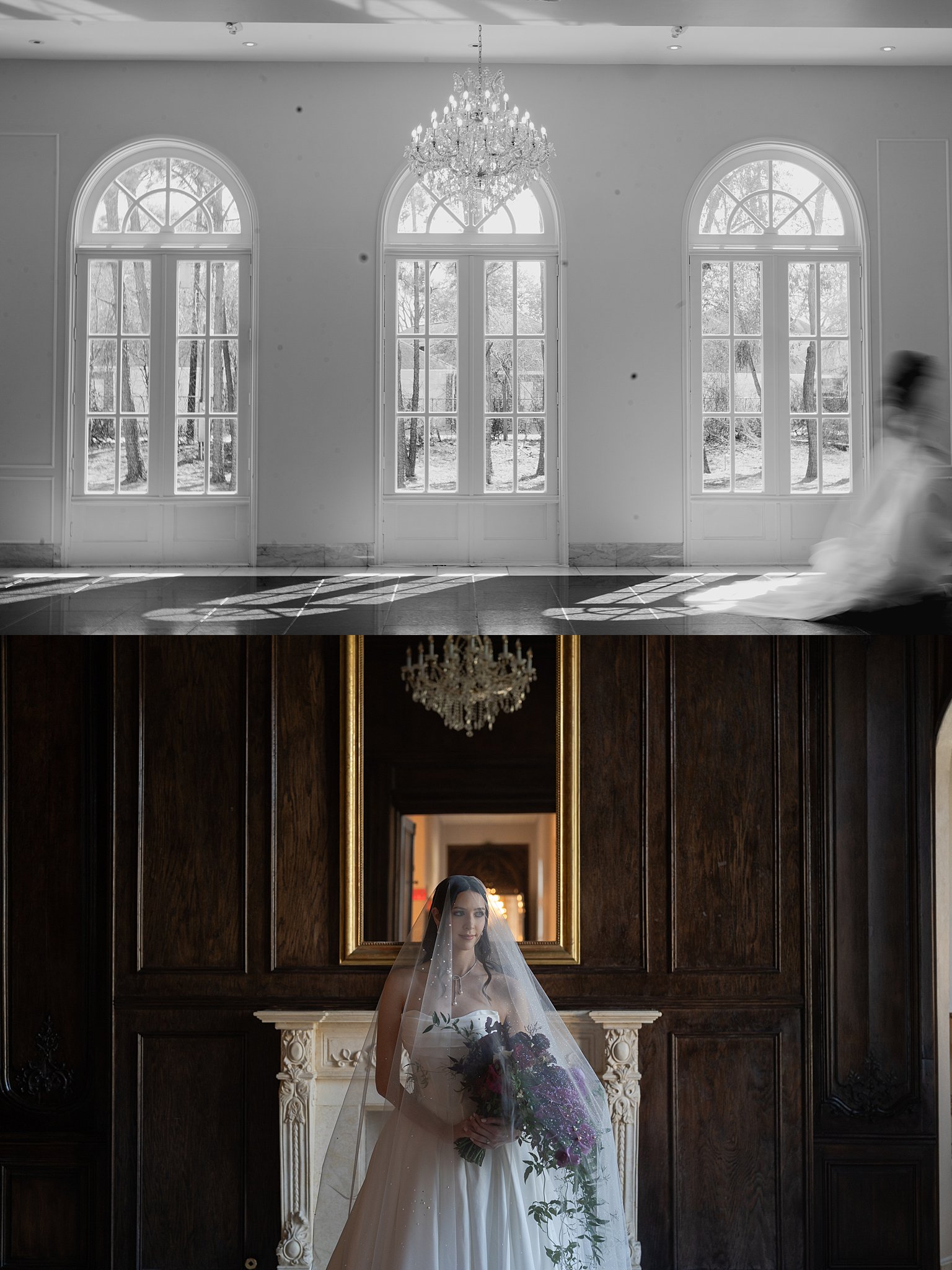 bride runs though Chateau Nouvelle during her bridal session