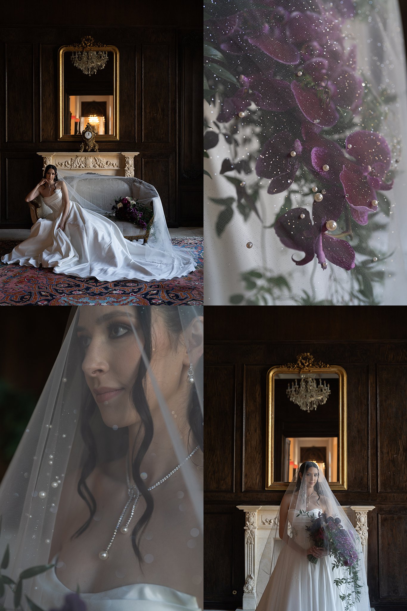 at her bridal session at Chateau Nouvelle a bride looks out from under her blusher veil for Swish and Click Photography