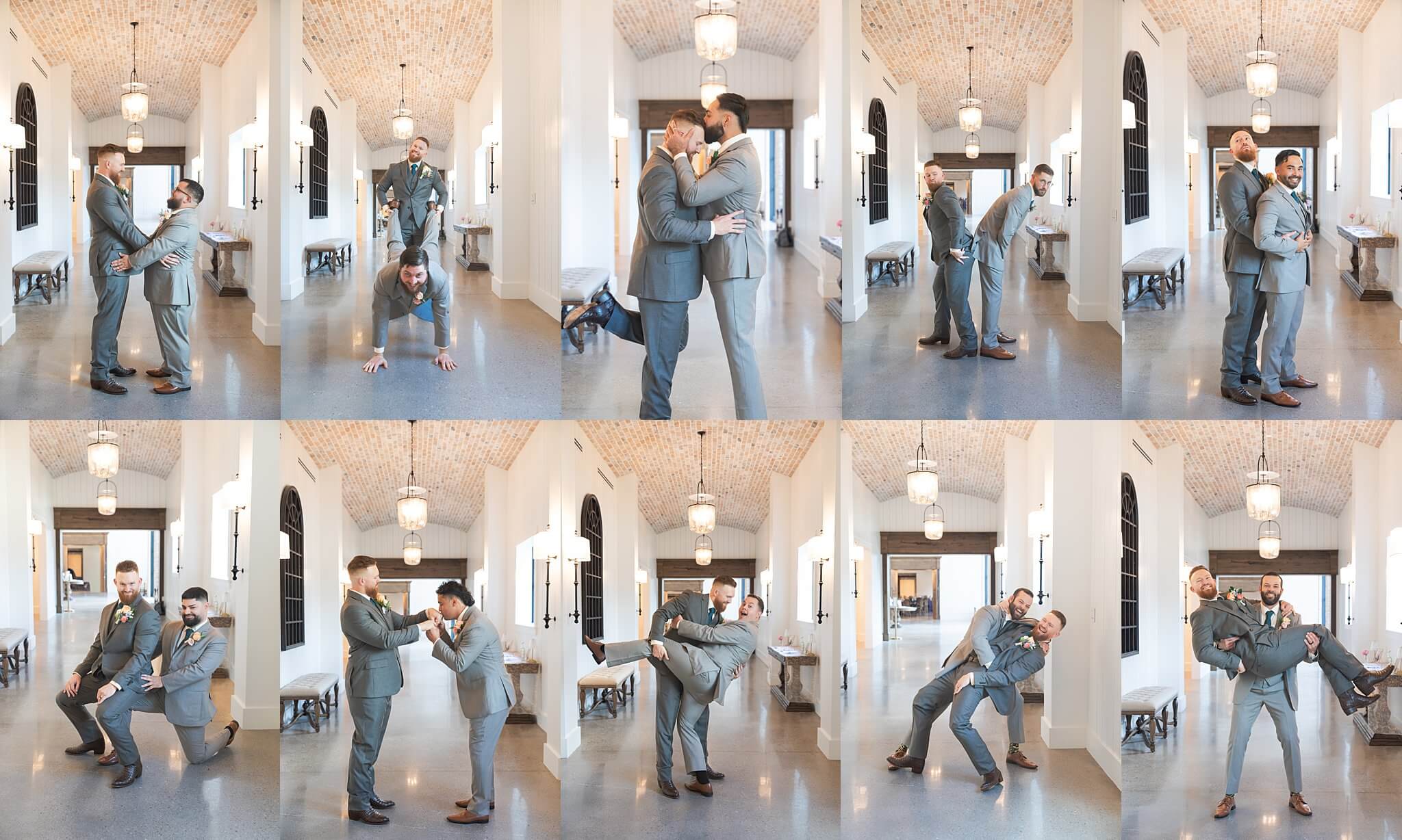 groom and groomsmen pose in funny ways for portraits by Swish and Click Photography at the Blue Magnolia in Houston Texas