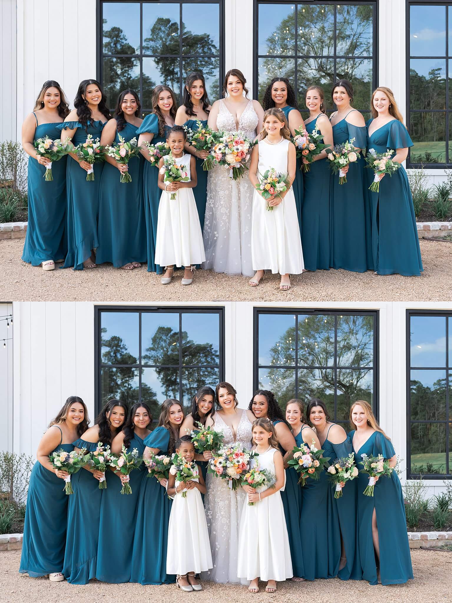 bridal party pose and smile at Houston wedding venue the Blue Magnolia by Swish and Click Photography