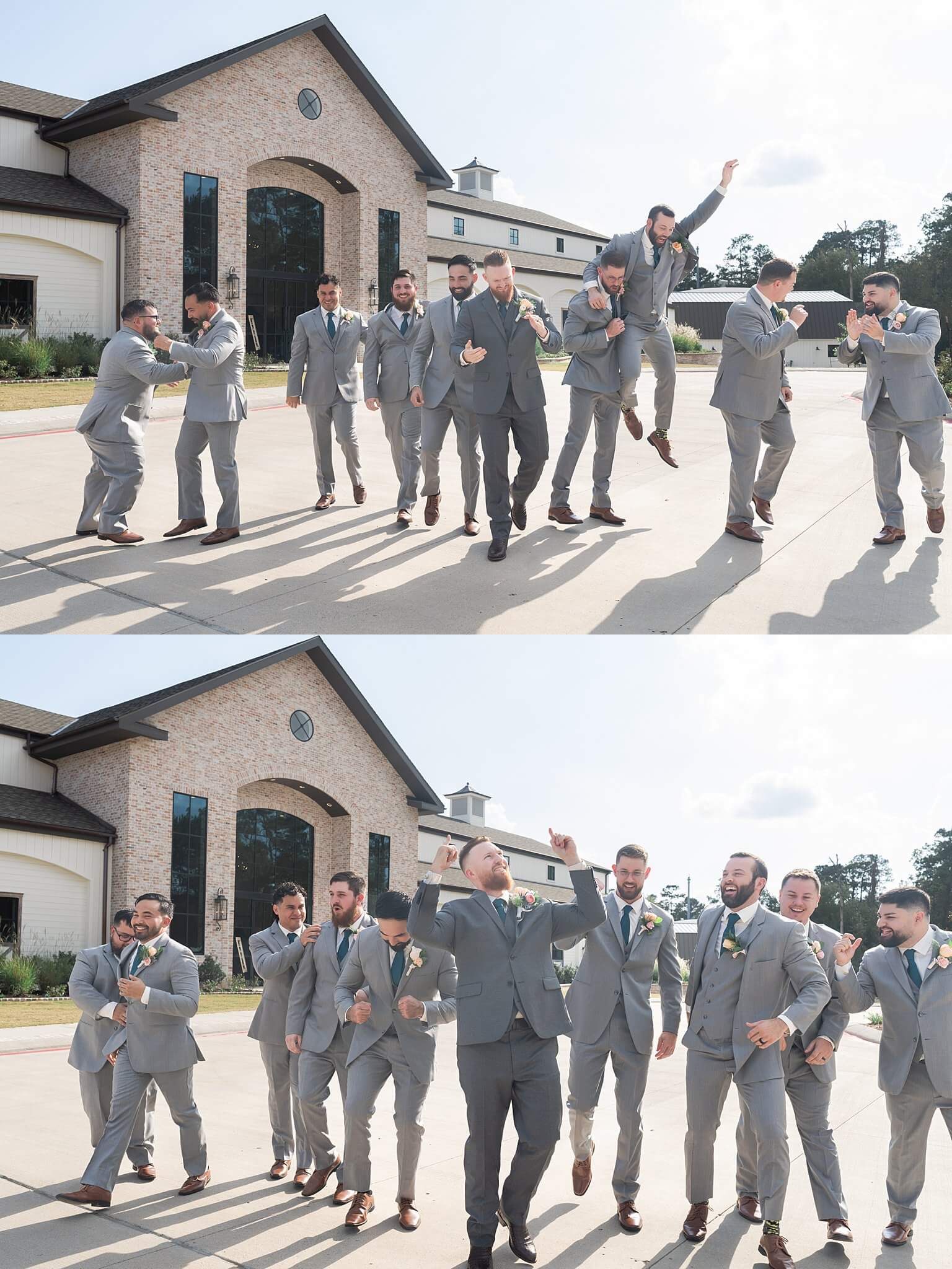 groom and groomsmen jump and play for portraits by Swish and Click Photography at the Blue Magnolia in Houston Texas