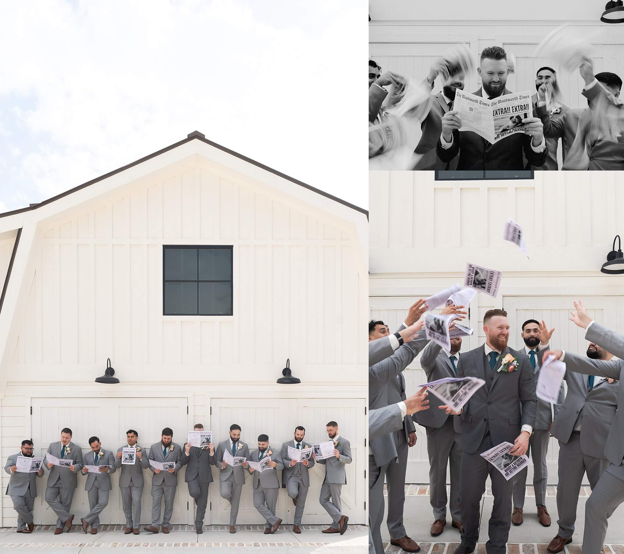 groom and groomsmen read a wedding magazine for portraits by Swish and Click Photography at the Blue Magnolia in Houston Texas