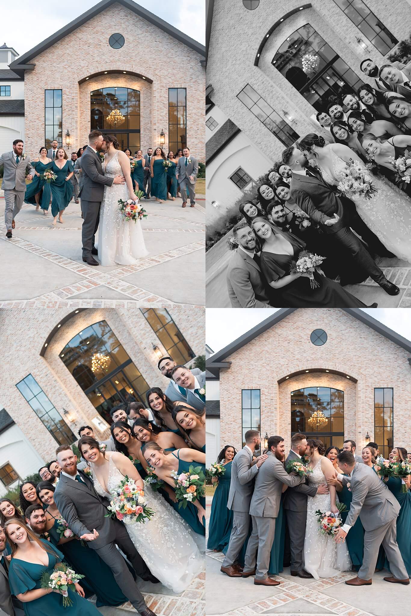 wedding party cheer and walk with the bride and groom at Houston wedding venue the Blue Magnolia by Swish and Click Photography