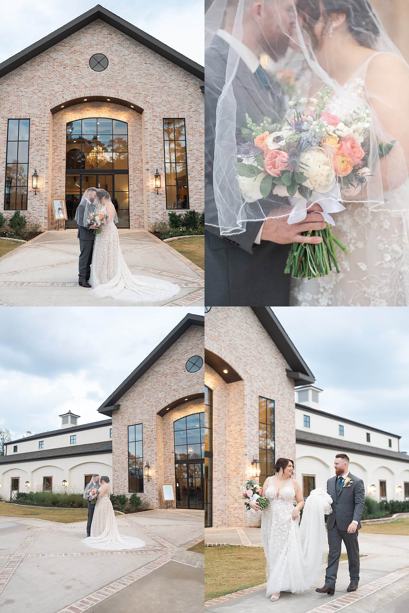 wedding couple poses on their wedding day with Swish and Click Photography at Texas wedding venue the Blue Magnolia