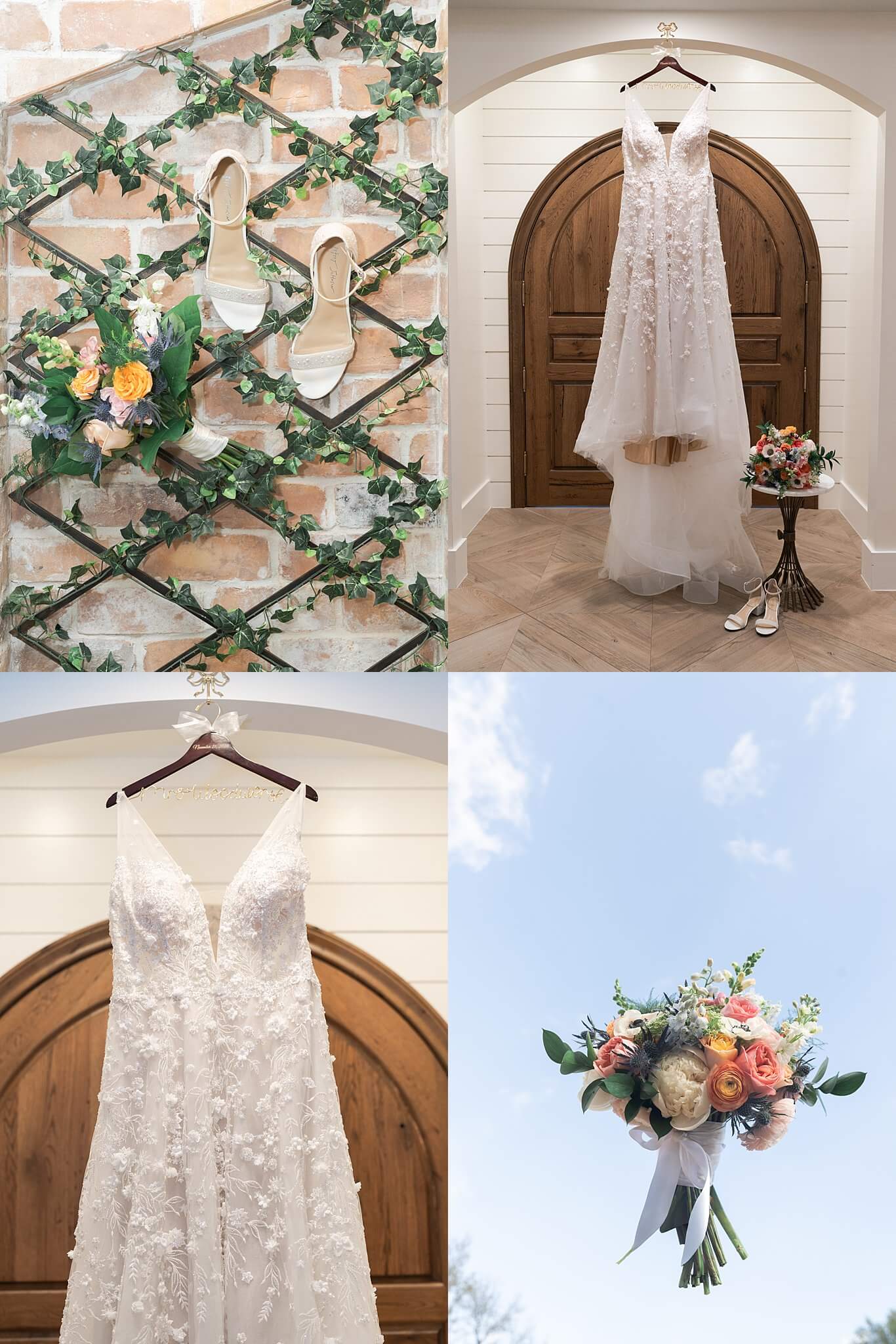 Kathryn's wedding dress, shoes and bouquet captured by Houston's Swish and Click Photography at the Blue Magnolia