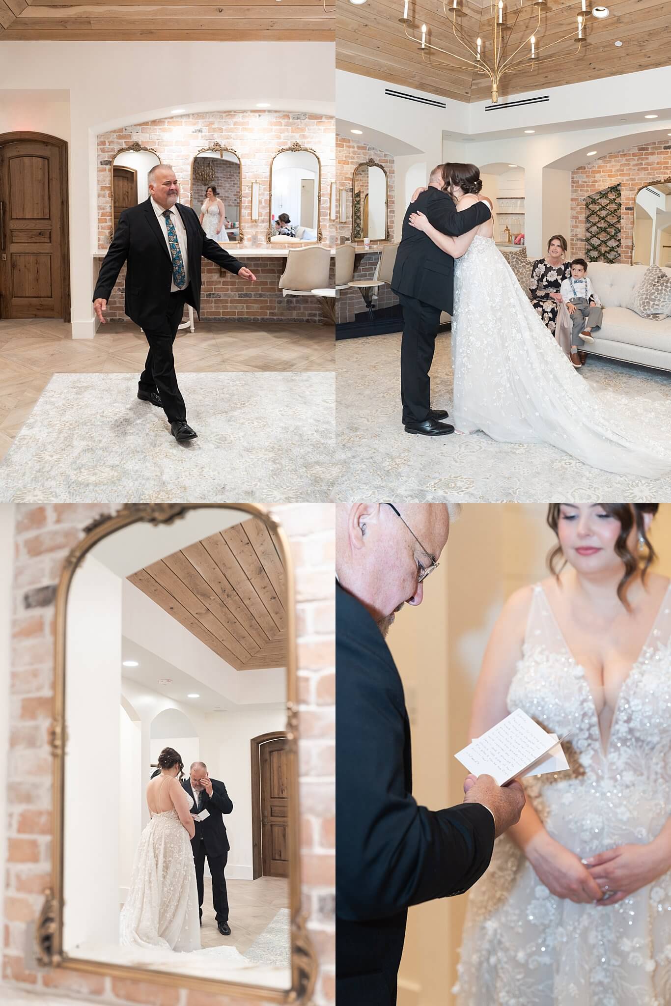 bride has first look with her father at Houston wedding venue the Blue Magnolia by Swish and Click Photography