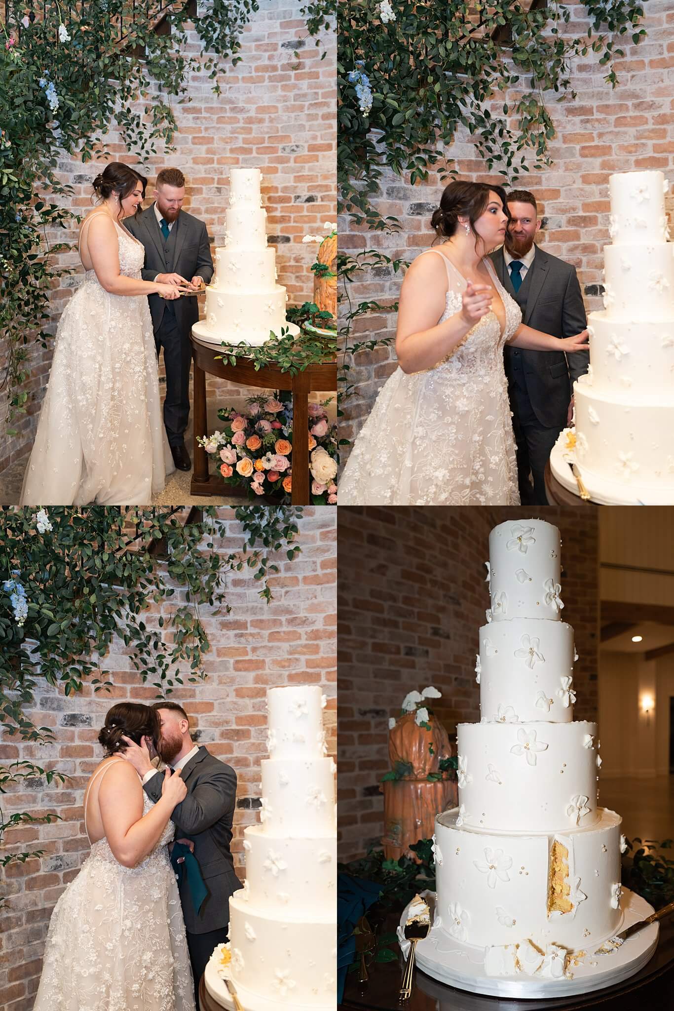 bride and groom cut their wedding cake on their wedding day by Swish and Click Photography at wedding venue the Blue Magnolia