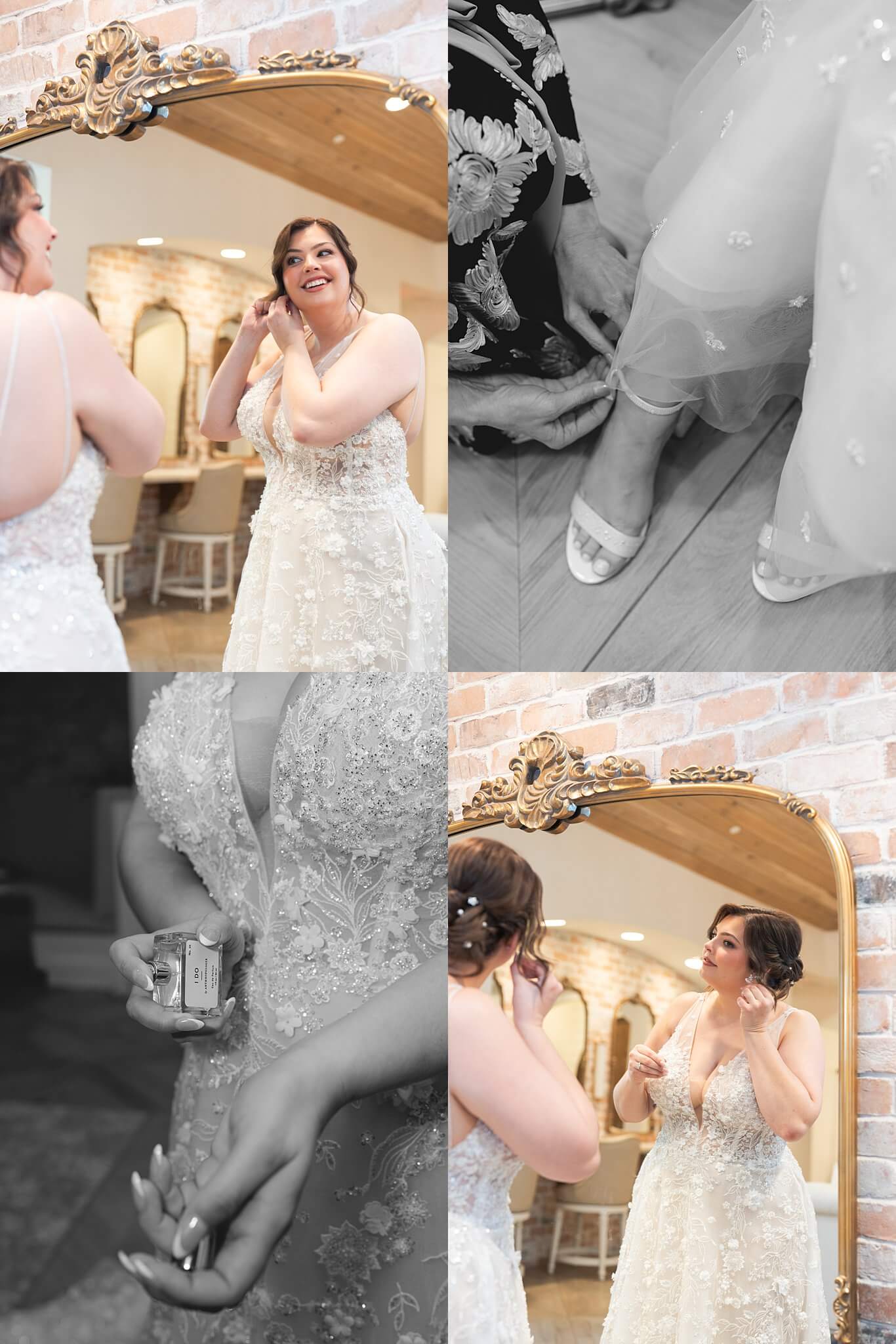Groom sprays perfume and puts on her earrings on her wedding day captured by Houston's Swish and Click Photography at the Blue Magnolia