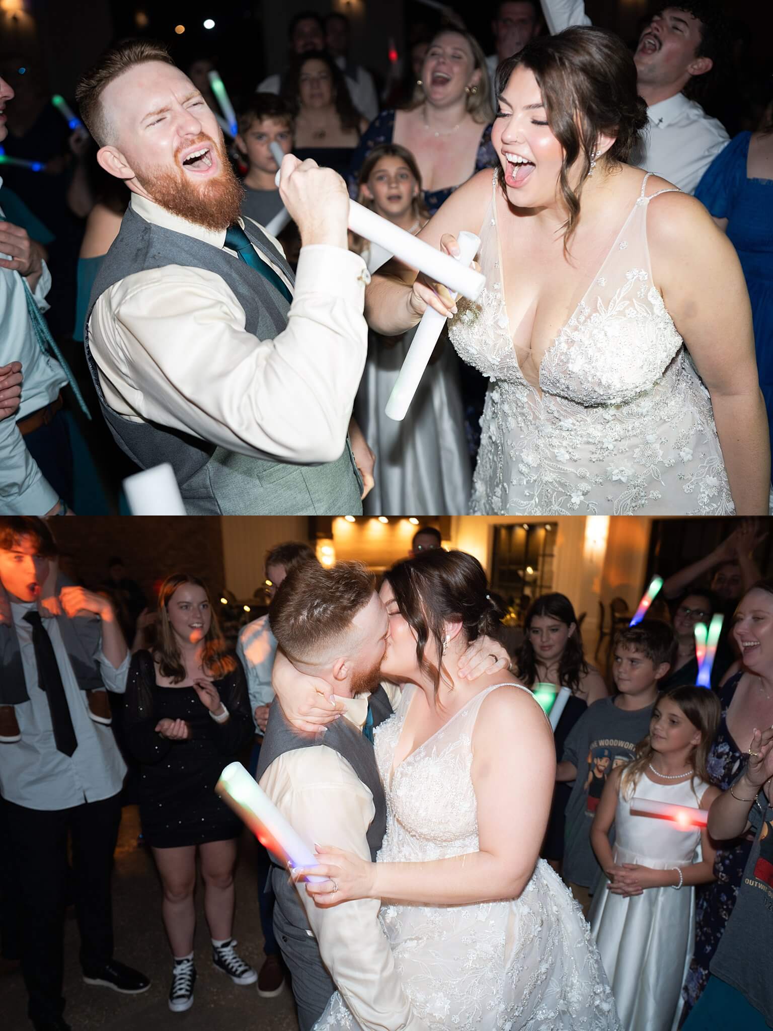 bride and groom sing and dance during their wedding reception at wedding venue the Blue Magnolia by Swish and Click Photography