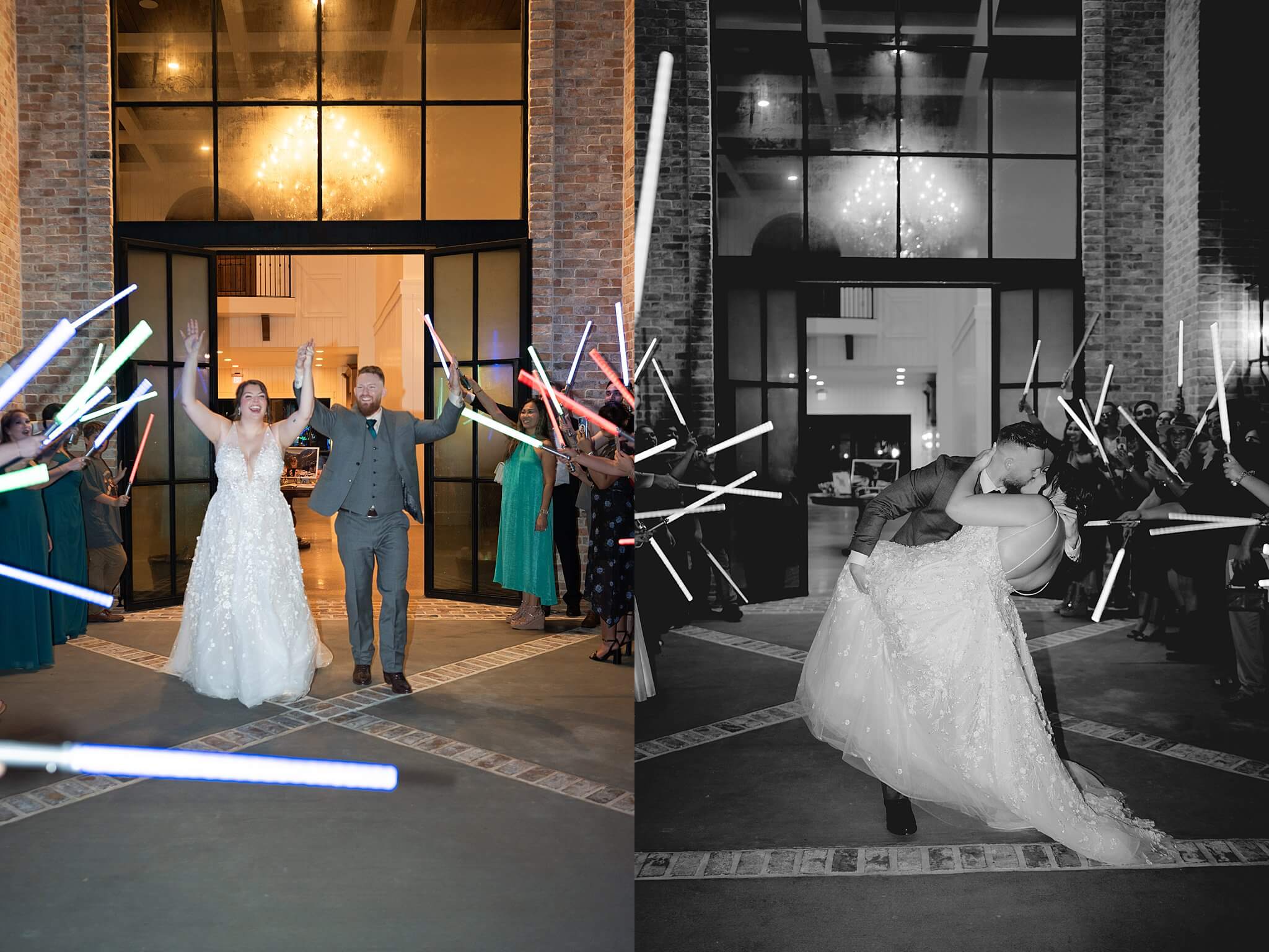 bride and groom kiss during their grand exit at wedding venue the Blue Magnolia by Swish and Click Photography