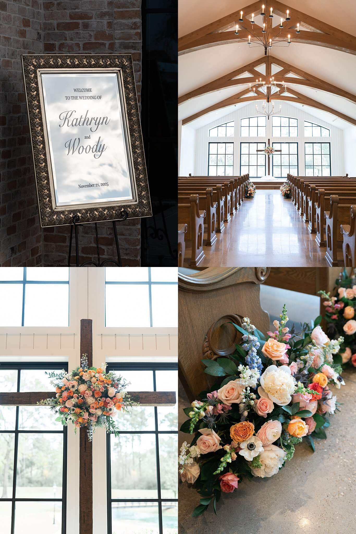 Wedding flowers adorn the Blue Magnolia wedding chapel on a wedding day by Swish and Click Photography