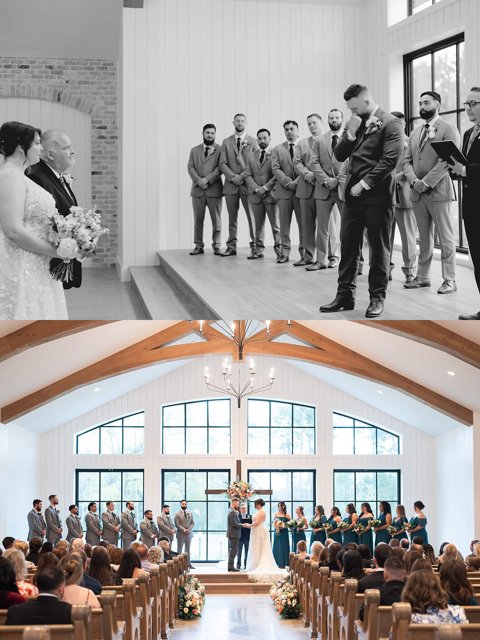 Houston wedding photographer Swish and Click captures bride and groom preparing to meet in the ceremony the Houston wedding venue the Blue Magnolia